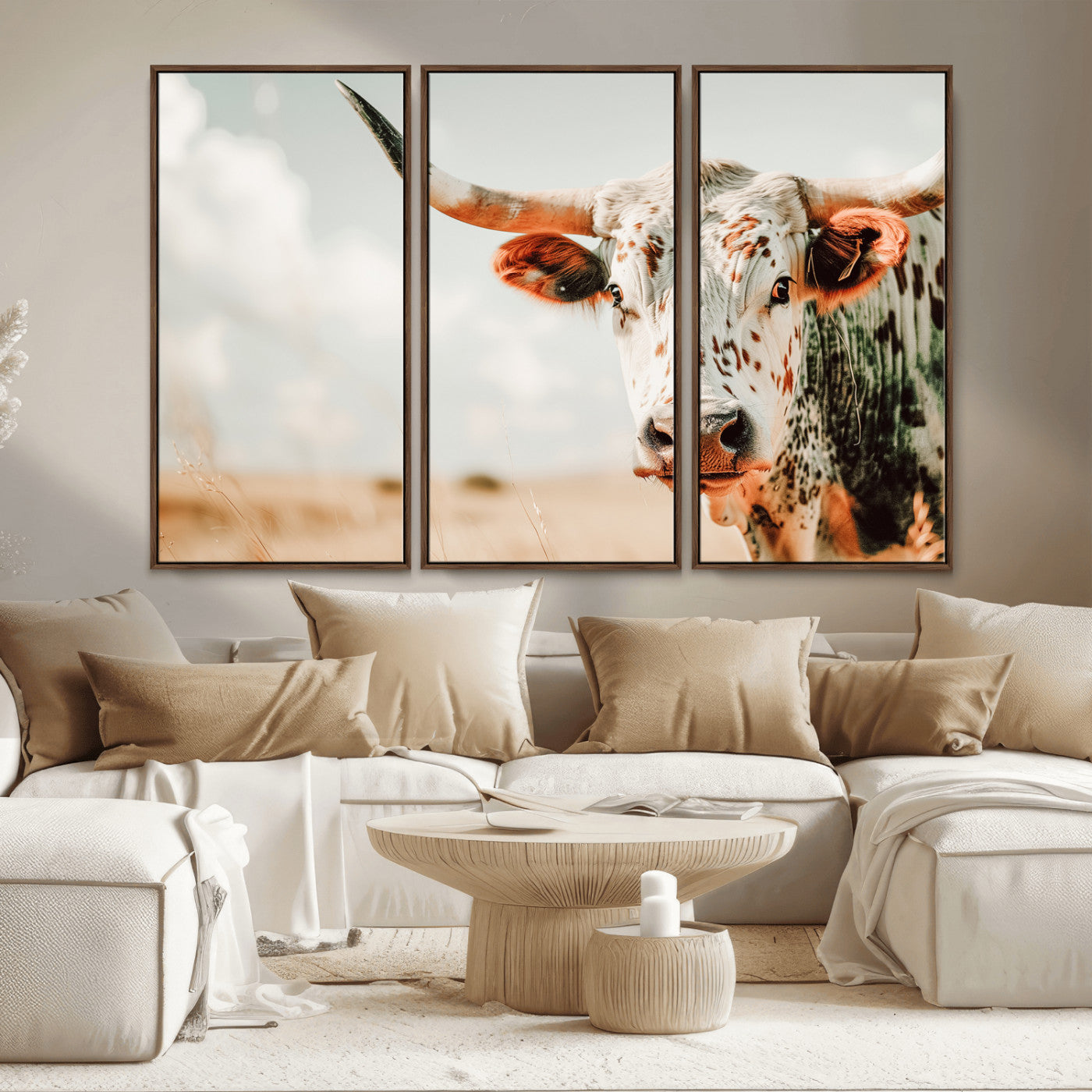 72766375-MGV-CV-36X24-Texas Longhorn Wall Art Canvas Print, Framed Spotted Cow Art Picture Print, Horned Cattle Perfect Rustic Western Decor Artwork