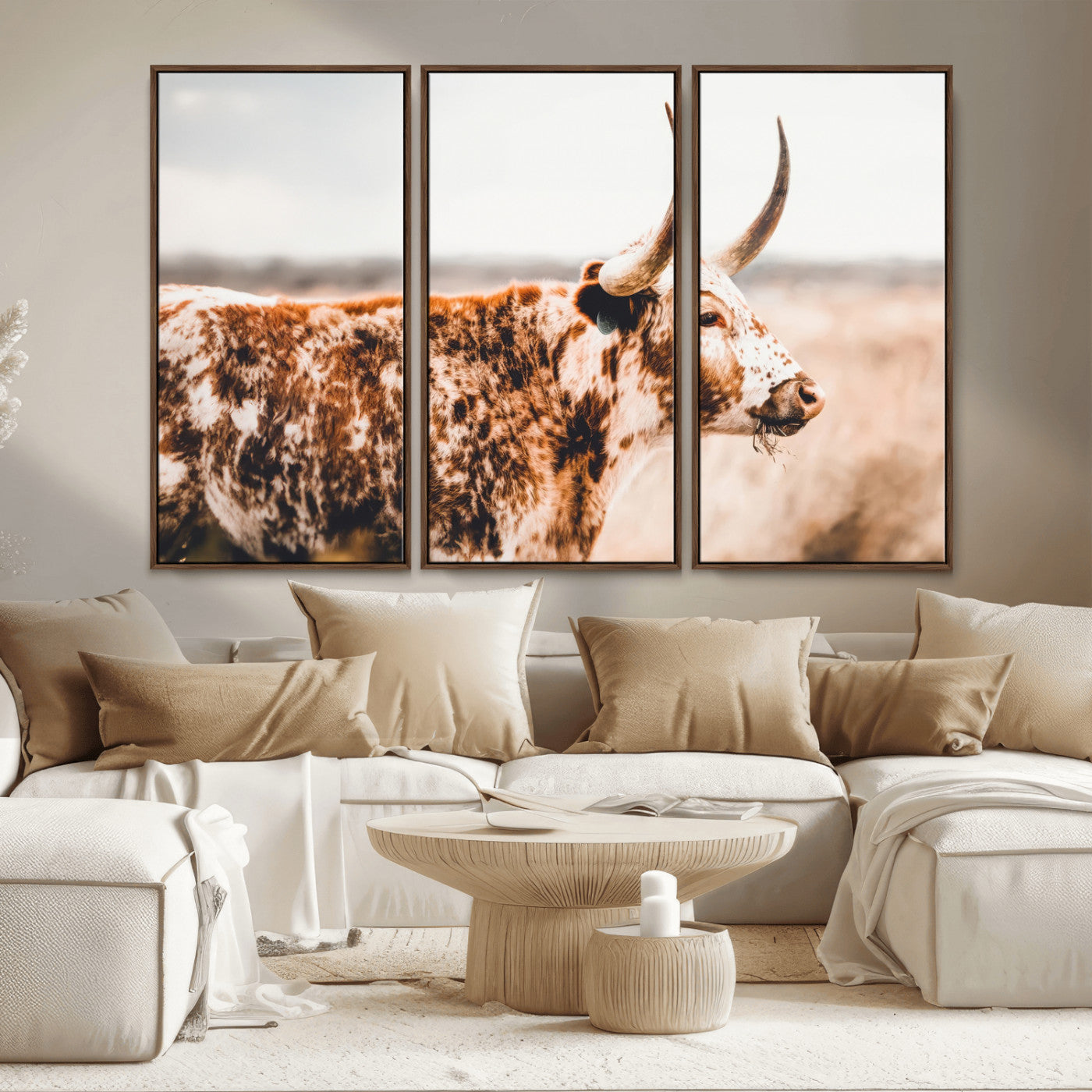 11528295-MGV-CV-36X24-Speckled Longhorn Wall Art Canvas Print, Framed Texas Cattle Art Picture Print, Horned Cow Perfect Rustic Western Decor Artwork