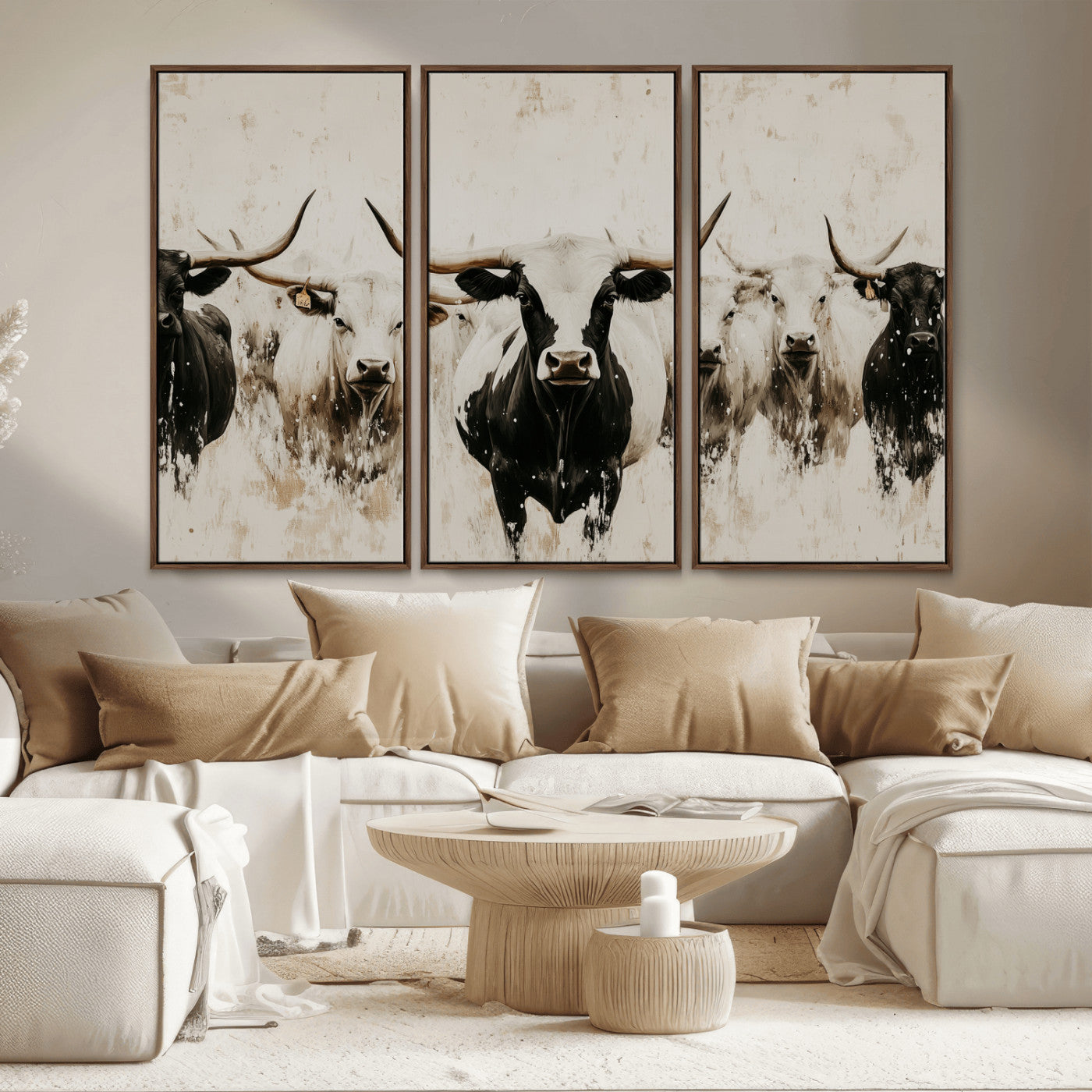 12027562-MGV-CV-36X24-Longhorn Cattle Wall Art Canvas Print, Framed Bison Herd Art Picture Print, Cattle Group Perfect Rustic Farmhouse Decor Artwork