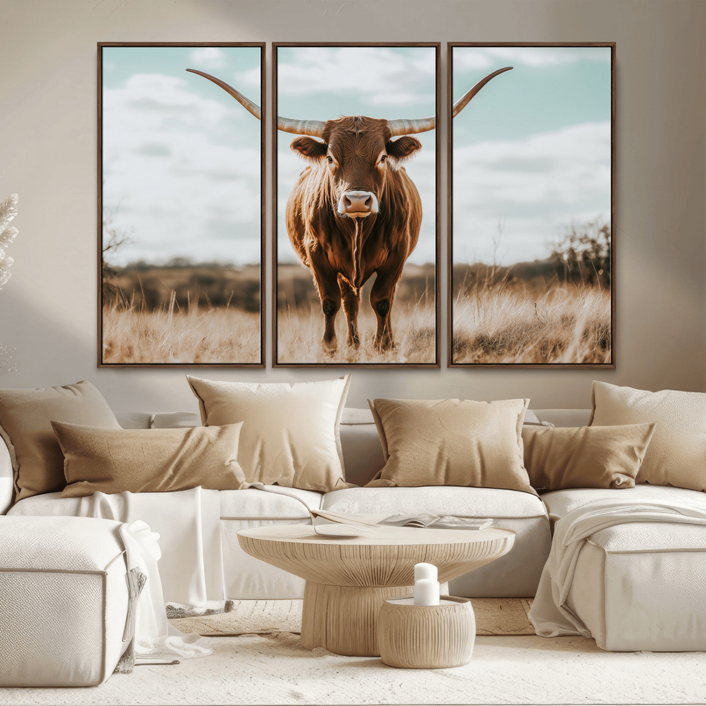 39350715-MGV-CV-36X24-Texas Longhorn Wall Art Canvas Print, Framed Longhorn Cow Art Picture Print, Western Cattle Perfect Rustic Western Decor Artwork