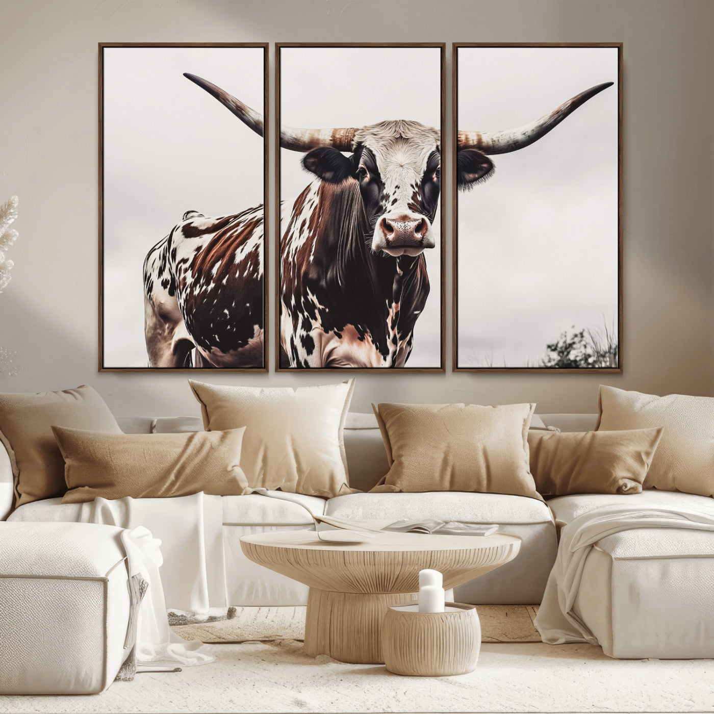 95249234-MGV-CV-36X24-Texas Longhorn Wall Art Canvas Print, Framed Spotted Bull Art Picture Print, Horned Cattle Perfect Rustic Farmhouse Decor Artwork