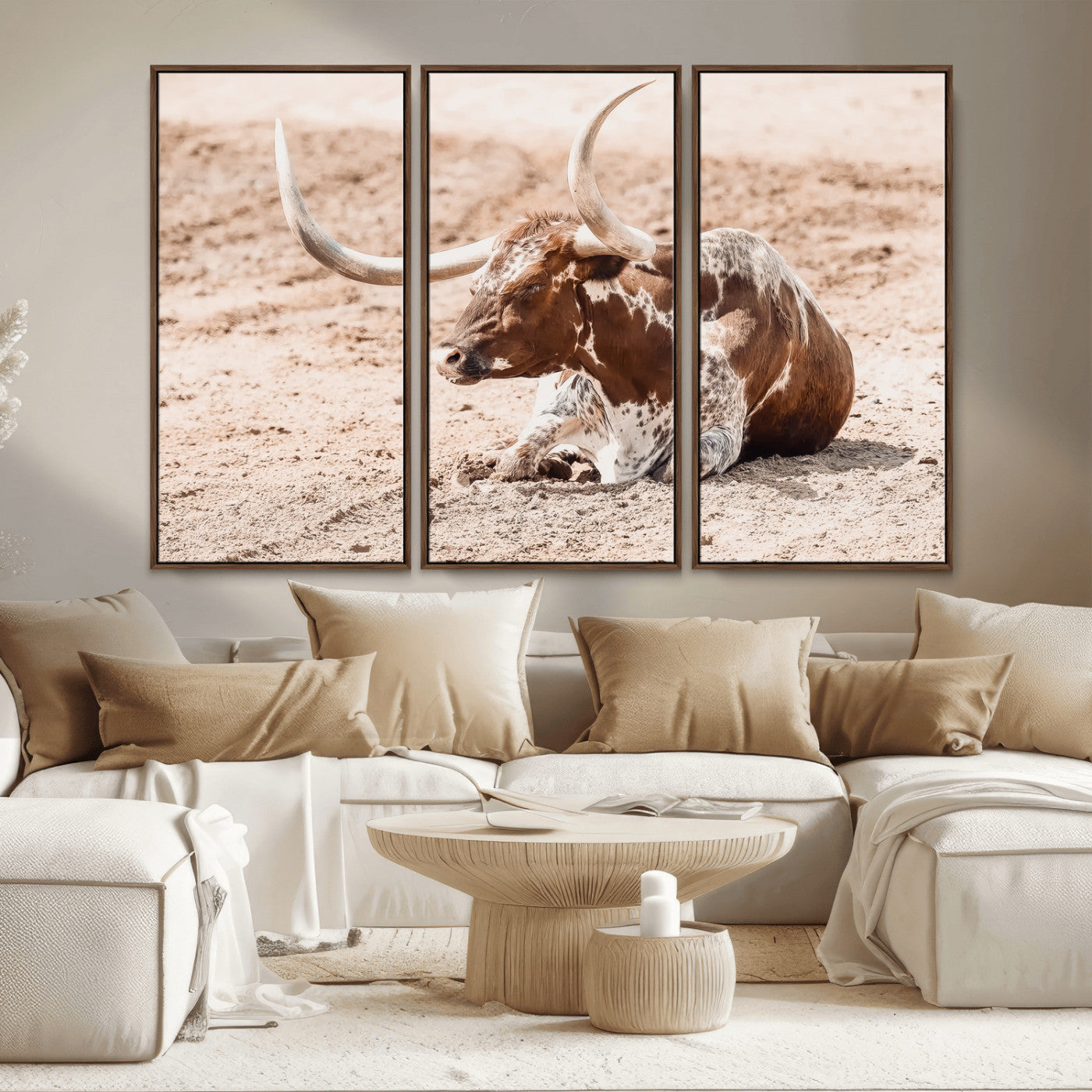 91248682-MGV-CV-36X24-Texas Longhorn Wall Art Canvas Print, Framed Resting Bull Art Picture Print, Spotted Cattle Perfect Rustic Western Decor Artwork