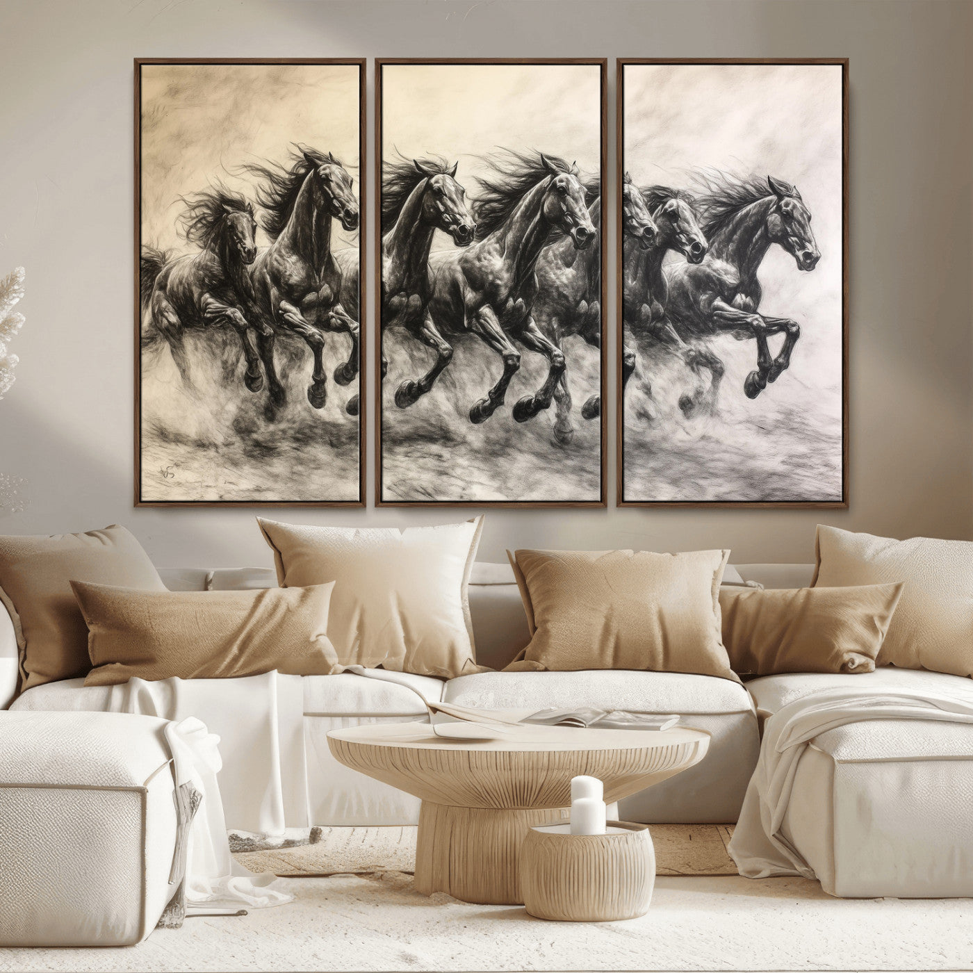 56089591-MGV-CV-36X24-Galloping Horses Wall Art Canvas Print, Framed Wild Stallions Art Picture Print, Horse Herd Sketch Perfect Monochrome Dynamic