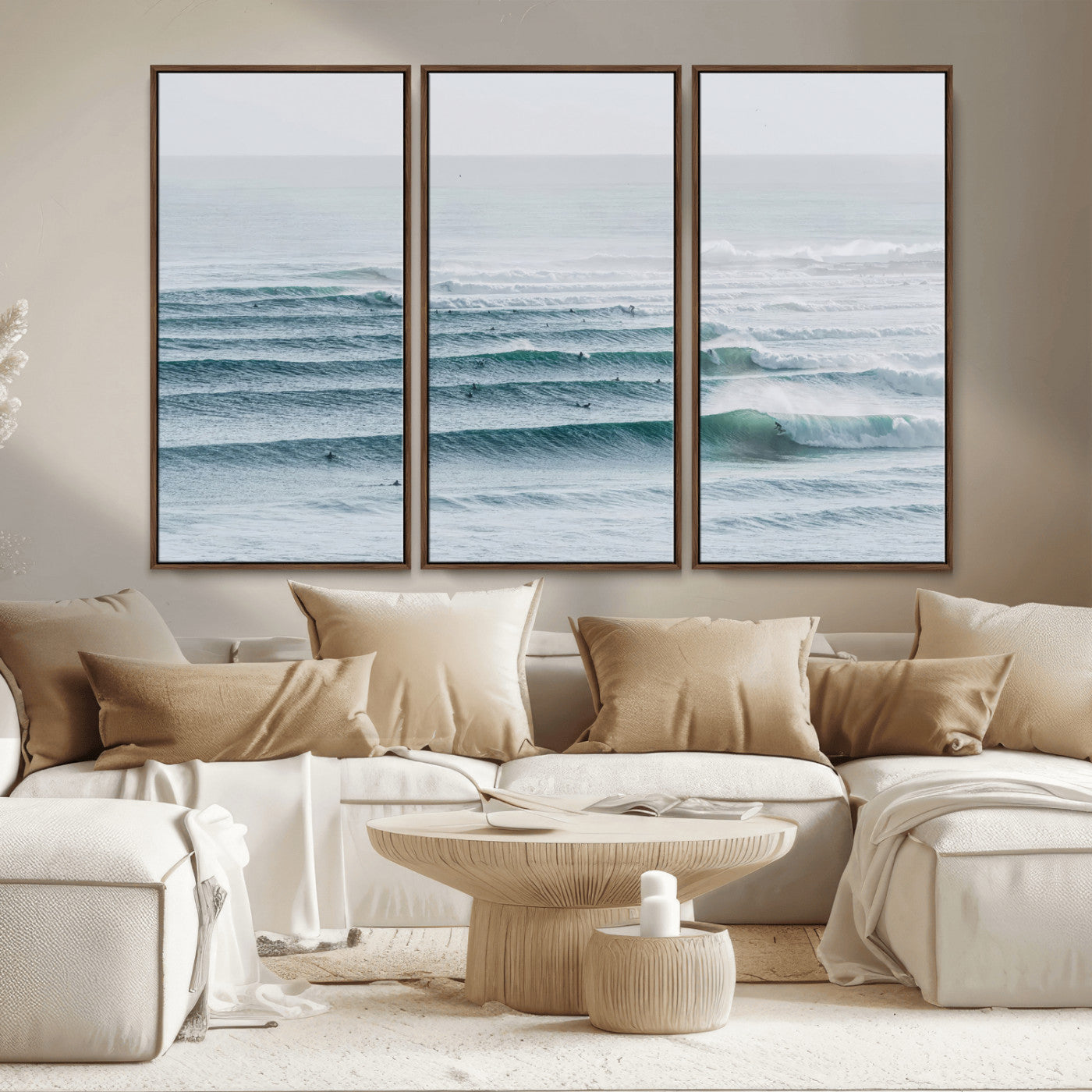 73969318-MGV-CV-36X24-Ocean Waves Wall Art Canvas Print, Framed Surfer Lineup Art Picture Print, Crowded Ocean Perfect Minimal Coastal Decor Artwork