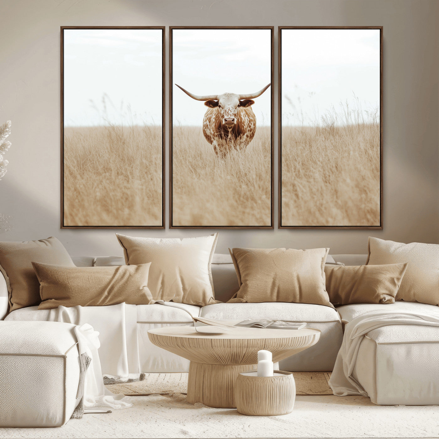 20927060-MGV-FC-48X32-3P_Walnut-Texas Longhorn Wall Art Canvas Print, Framed Lone Cattle Art Picture Print, Longhorn Bull Perfect Rustic Western Decor Artwork
