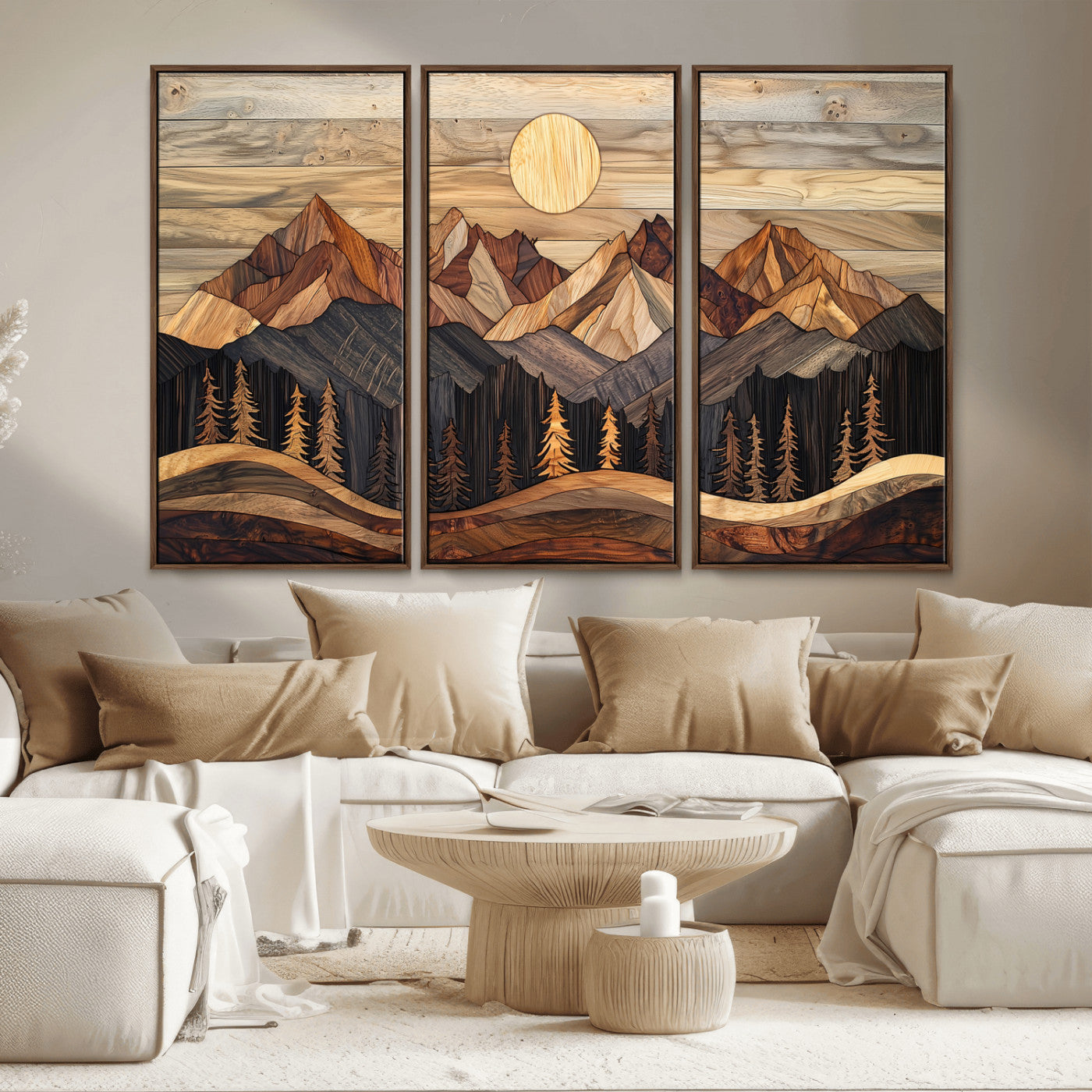 50100230-MGV-CV-36X24-Wooden Mountain Wall Art – Rustic Nature Landscape Canvas Print, Handmade Style Sun, Forest, and Peaks Artwork for Living Room,