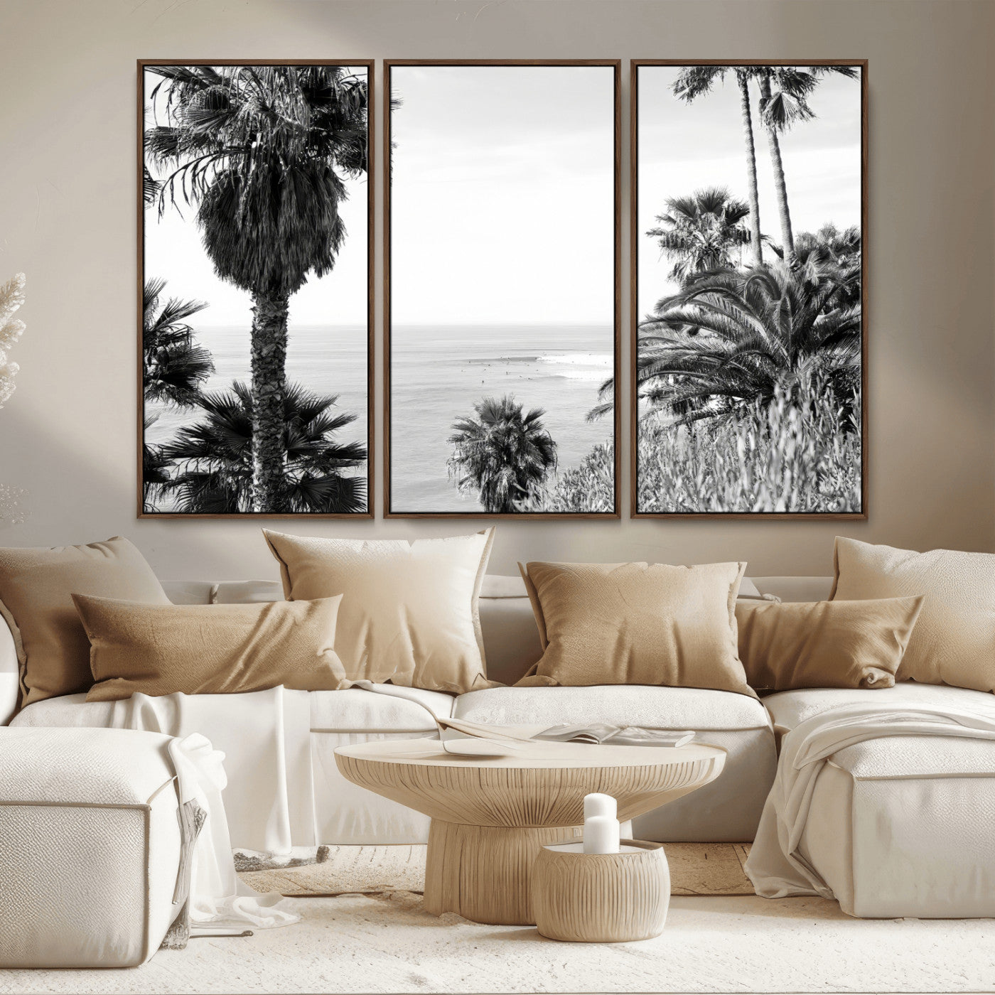89458520-MGV-CV-36X24-Palm Trees Wall Art Canvas Print, Framed Coastal View Art Picture Print, Ocean Horizon Perfect Monochrome Coast Decor Artwork