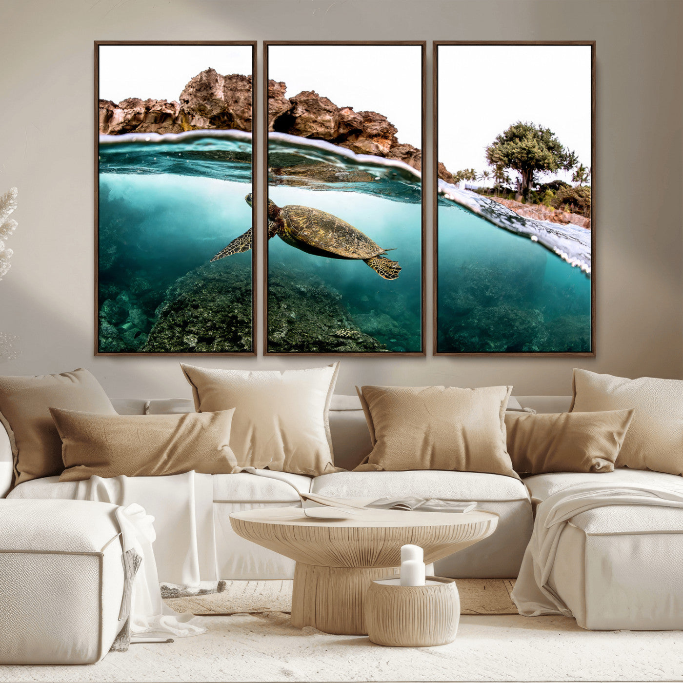 44200301-MGV-CV-36X24-Sea Turtle Swim Wall Art Canvas Print, Framed Ocean Life Art Picture Print, Tropical Shoreline Perfect Tropical Coastal Decor