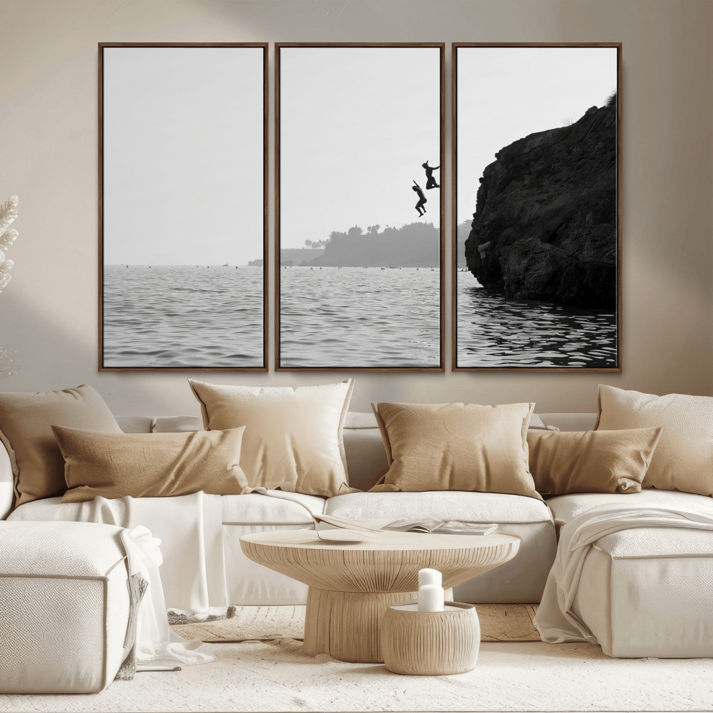 52284302-MGV-CV-36X24-Cliff Jumping Wall Art Canvas Print, Framed Ocean Adventure Art Picture Print, Black White Coast Perfect Modern Coastal Decor