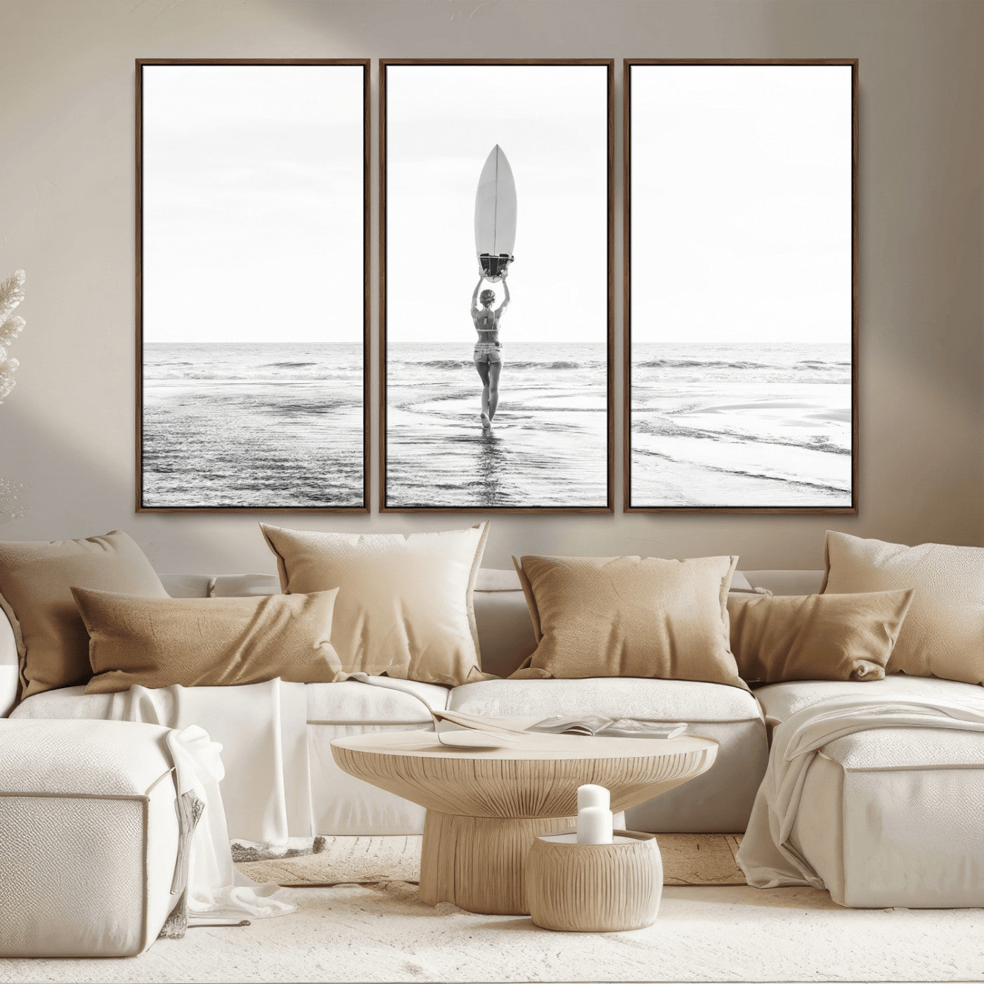 98446901-MGV-CV-36X24-Monochrome Surf Wall Art Canvas Print, Framed Minimalist Surfer Art Picture Print, Surfboard Silhouette Perfect Coastal Minimalist