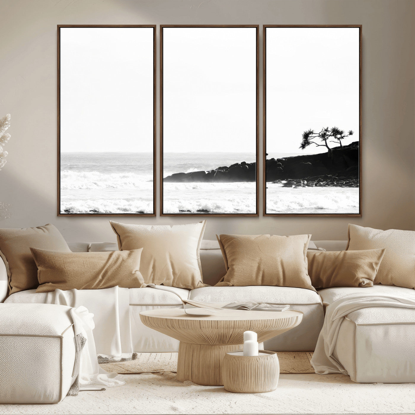 40875891-MGV-CV-36X24-SurferCliffs Wall Art Canvas Print, Framed Black White Beach Art Picture Print, Ocean Waves Perfect Minimalist Coastal Decor