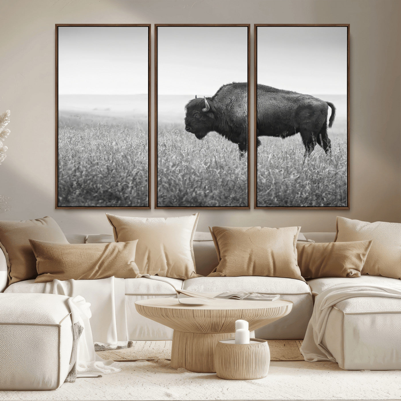 28435251-MGV-CV-36X24-Bison In Prairie Wall Art Canvas Print, Framed Rustic Wildlife Art Picture Print, Wild Buffalo Perfect Rustic Western Decor