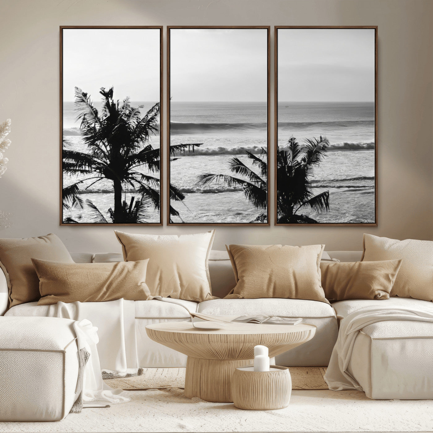 17508038-MGV-FC-48X32-3P_Walnut-Tropical Coastline Wall Art Canvas Print, Framed Palm Trees Art Picture Print, Ocean Waves Perfect Minimalist Coastal Decor