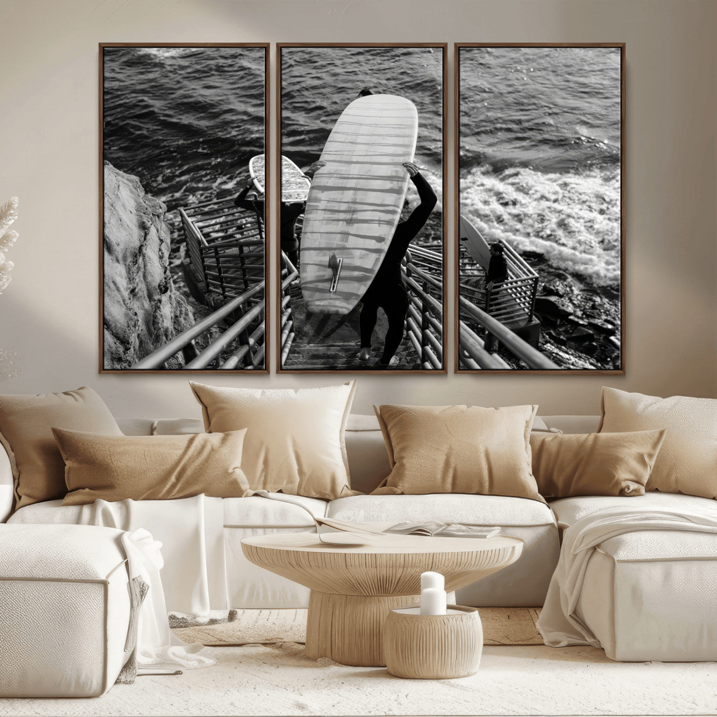 32353707-MGV-CV-36X24-Black White Surfing Wall Art Canvas Print, Framed Coastal Surfing Art Picture Print, Wave Riders Perfect Coastal Adventure Decor