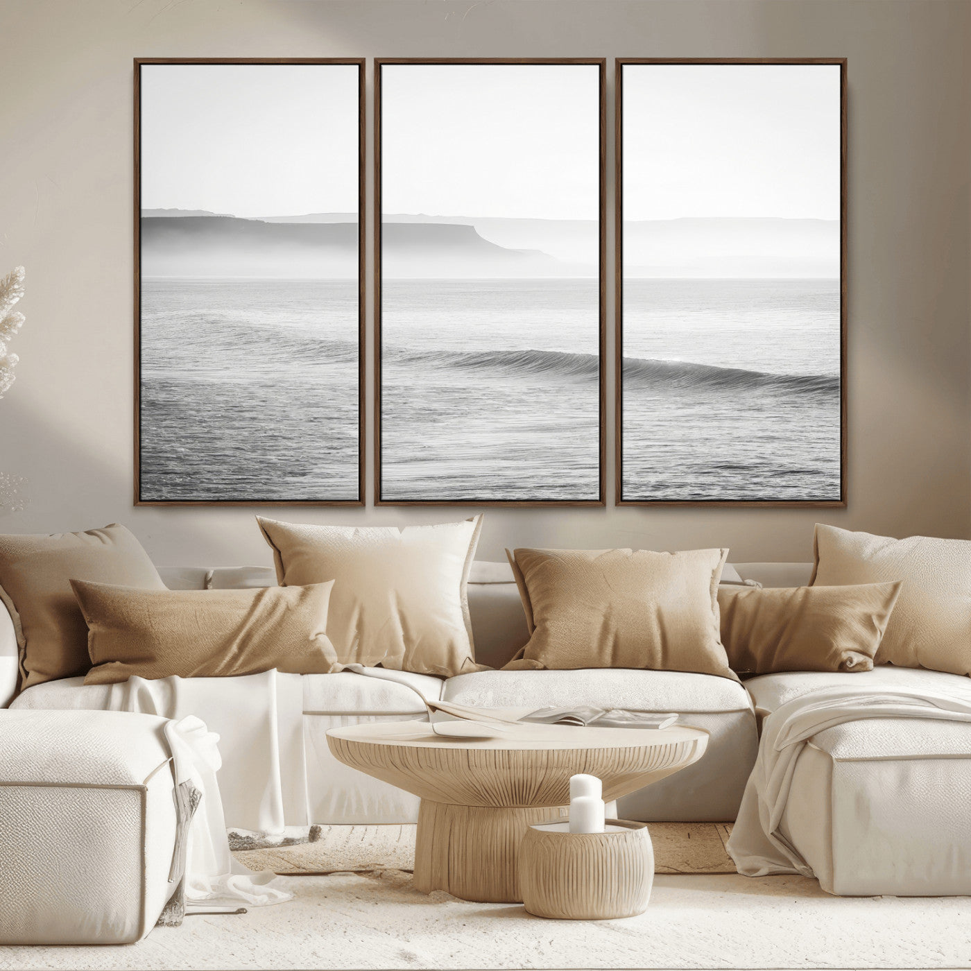 60635783-MGV-CV-36X24-Black White Seascape Wall Art Canvas Print, Framed Ocean Waves Art Picture Print, Misty Coastal Perfect Minimalist Coastal Decor