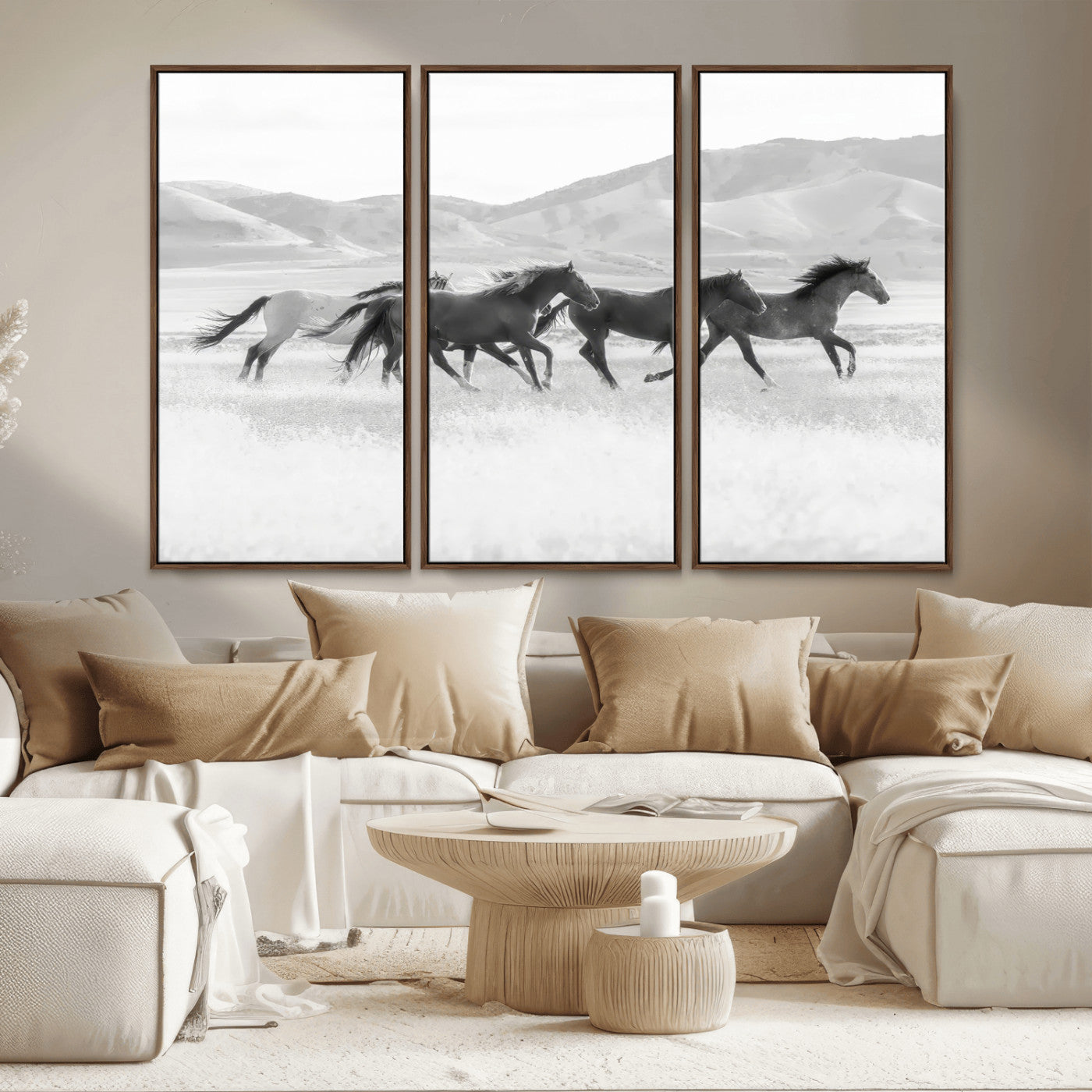69934913-MGV-CV-36X24-Wild Horses Running Wall Art Canvas Print, Framed Black White Mustangs Art Picture Print, Rustic Western Perfect Rustic Western