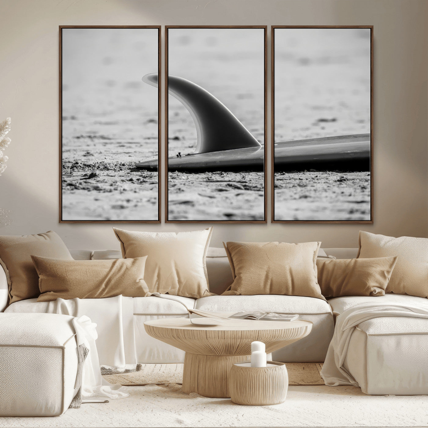 62314230-MGV-CV-36X24-Black White Surfboard Wall Art Canvas Print, Framed Minimalist Beach Art Picture Print, Surf Fin Perfect Minimalist Coastal Decor