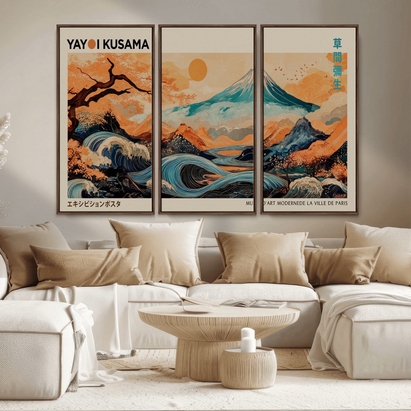22373530-MGV-CV-36X24-Japanese Mt Fuji Wave Art Print – Ukiyo e Inspired Sun & Cherry Blossom Poster, Traditional Asian Landscape Painting, Modern
