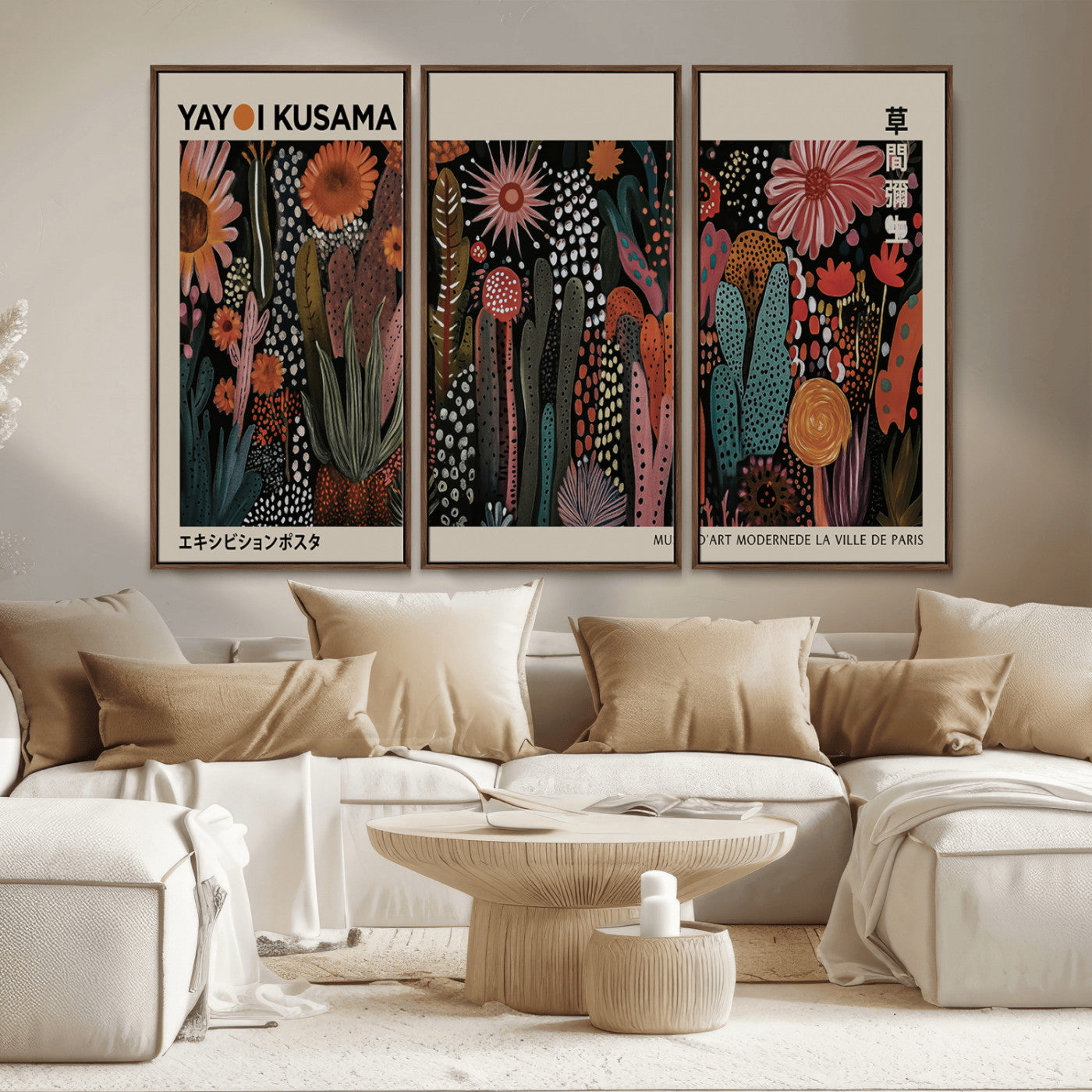 28344895-MGV-CV-36X24-Dark Floral Abstract Wall Art Poster – Modern Botanical Canvas Print with Beige Border, Kusama Inspired Boho Flower Painting,