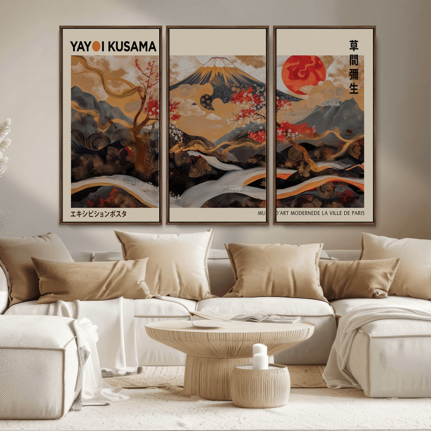 77970791-MGV-CV-36X24-Mount Fuji Golden Abstract Wall Art – Japanese Landscape Canvas Poster, Cherry Blossom & Red Sun Painting, Elegant Zen Oriental