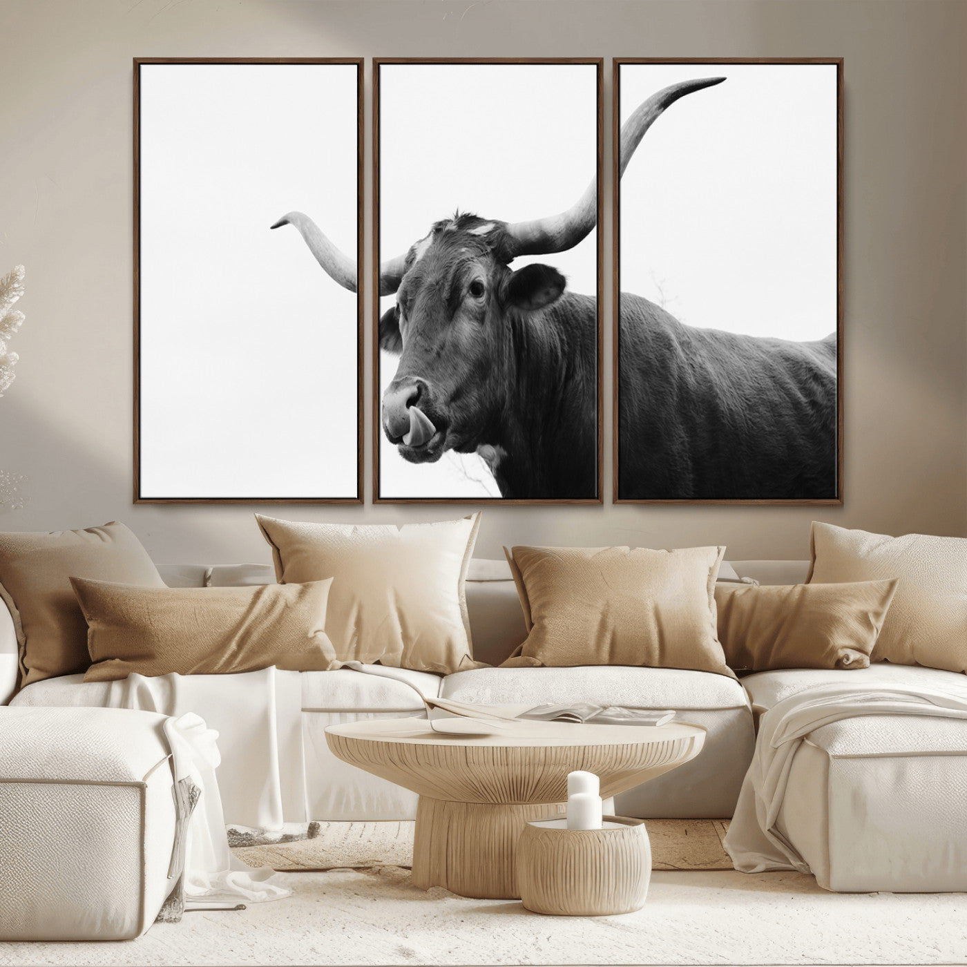 99244177-MGV-CV-36X24-Longhorn Photography Wall Art Canvas Print, Framed Western Cow Decor Art Picture Print, Black White Bull Perfect Modern Rustic