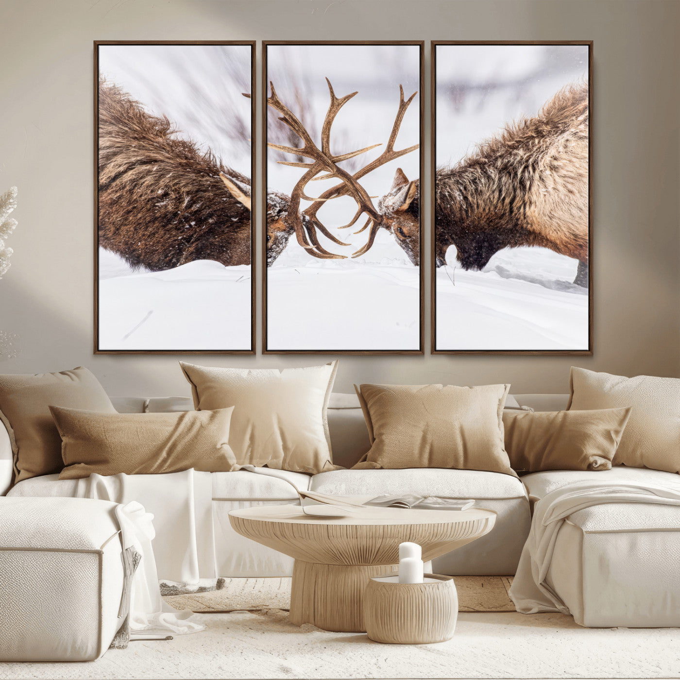 36507609-MGV-CV-36X24-Elk Clash Scene Wall Art Canvas Print, Framed Wildlife Strength Decor Art Picture Print, Snowy Forest Elk Perfect Rustic Lodge