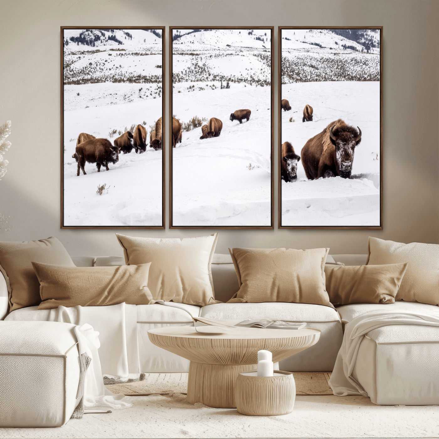 13891210-MGV-CV-36X24-Bison Herd Scene Wall Art Canvas Print, Framed Western Wildlife Decor Art Picture Print, Snowy Mountain Valley Perfect Rustic