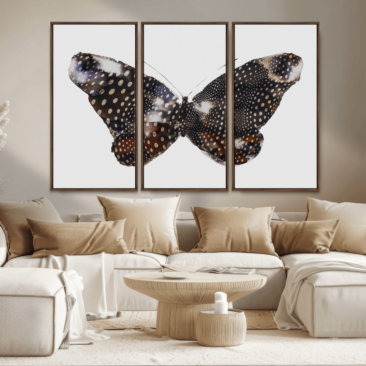 99831147-MGV-CV-36X24-Spotted Butterfly Wall Art Canvas Print, Framed Neutral Insect Theme Art Picture Print, Earthy Wing Pattern Perfect Modern Rustic