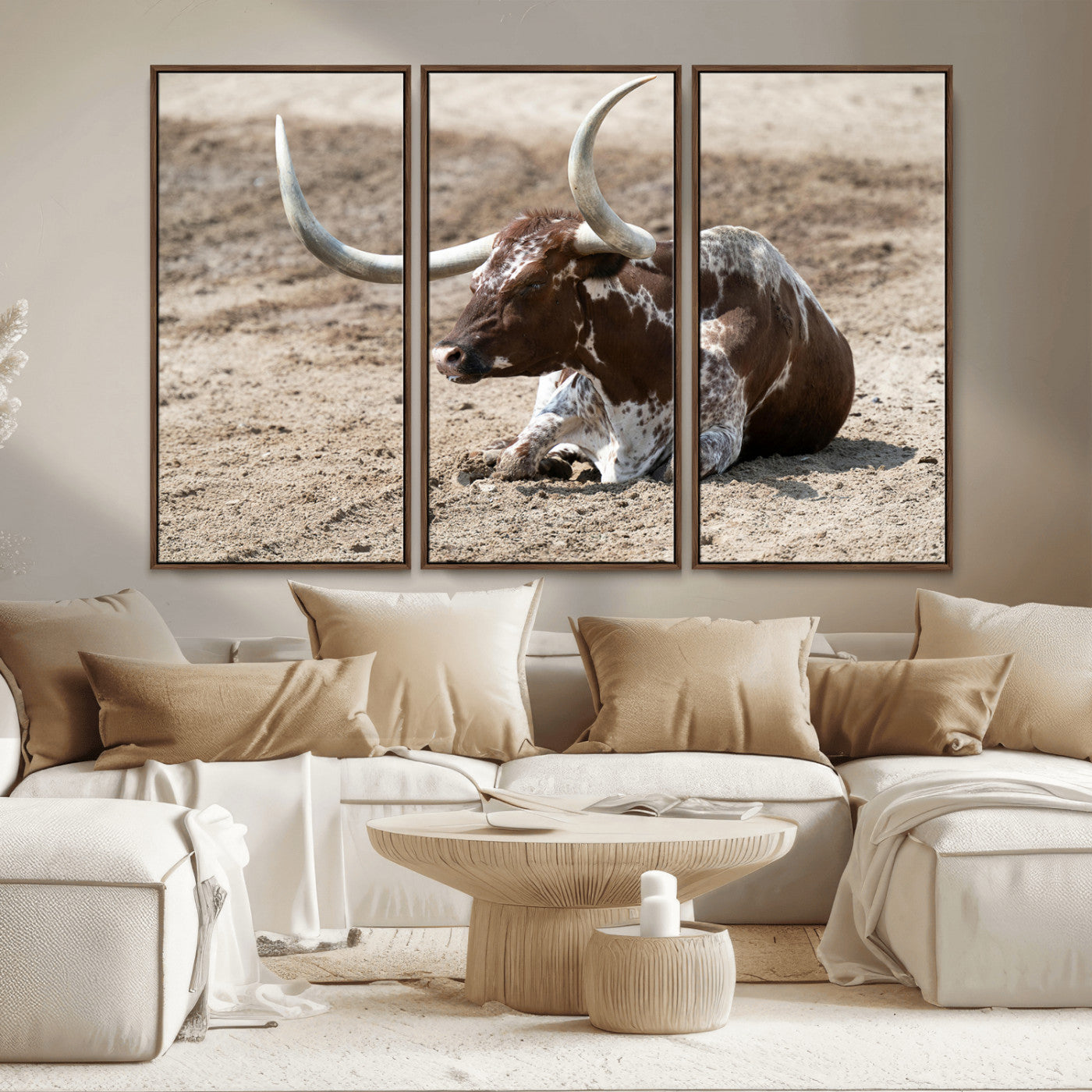 76549210-MGV-CV-36X24-Texas Longhorn Wall Art Canvas Print, Framed Country Living Art Picture Print, Farmhouse Aesthetic Perfect Western Rustic Decor