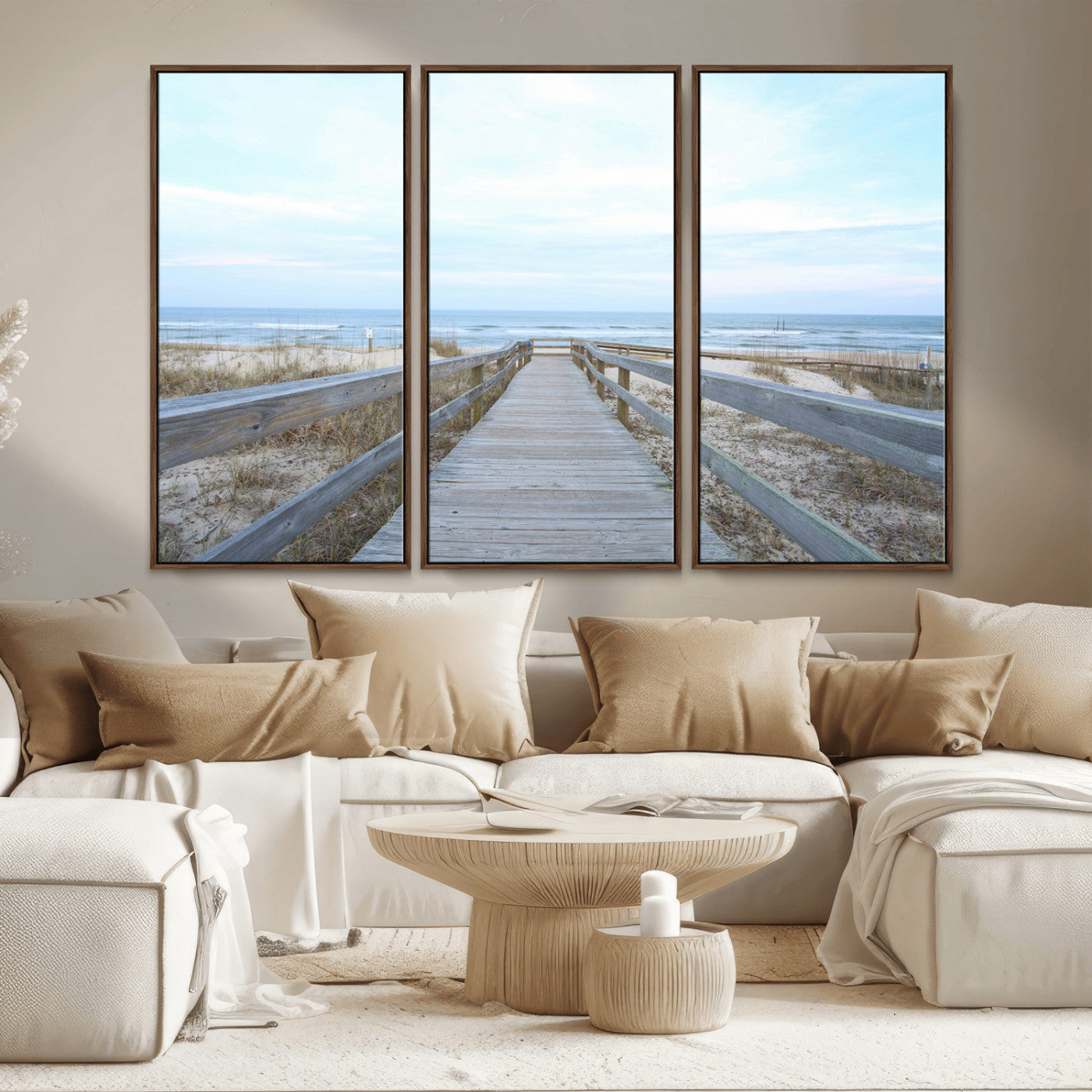 31602988-MGV-CV-36X24-Beach Boardwalk Wall Art Canvas Print, Framed Coastal Serenity Art Picture Print, Ocean View Perfect Coastal Minimalist Decor