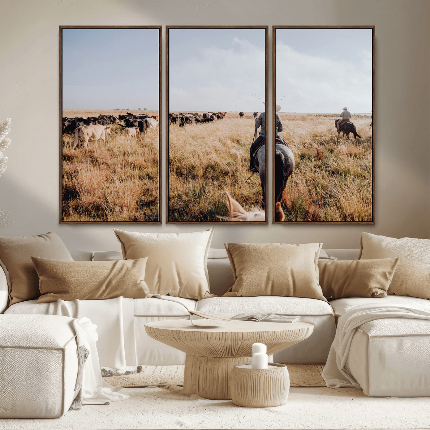 22431577-MGV-CV-36X24-Western Wall Art Wall Art Canvas Print, Framed Cowboy Canvas Art Picture Print, Cattle Drive Scene Perfect Rustic Western Decor