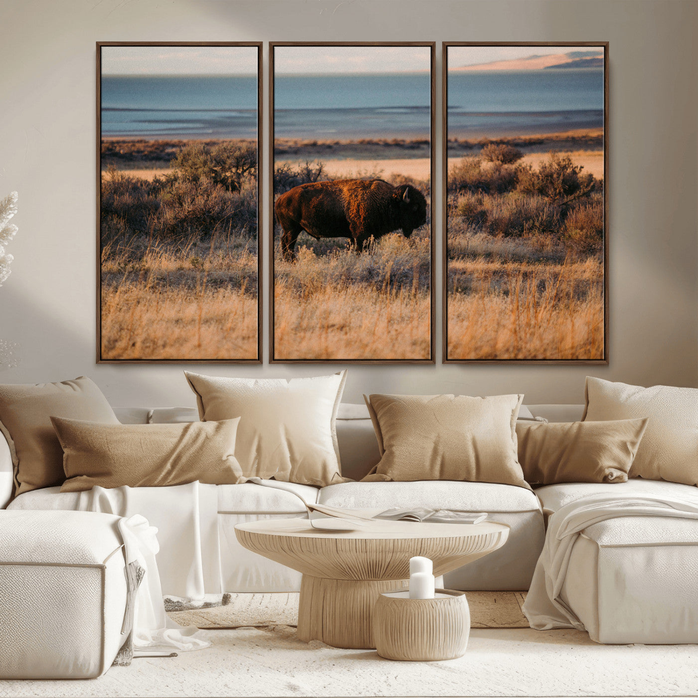 39509187-MGV-CV-36X24-Western Wildlife Wall Art Canvas Print, Framed Bison Art Picture Print, Golden Hour Perfect Western Rustic Decor Artwork