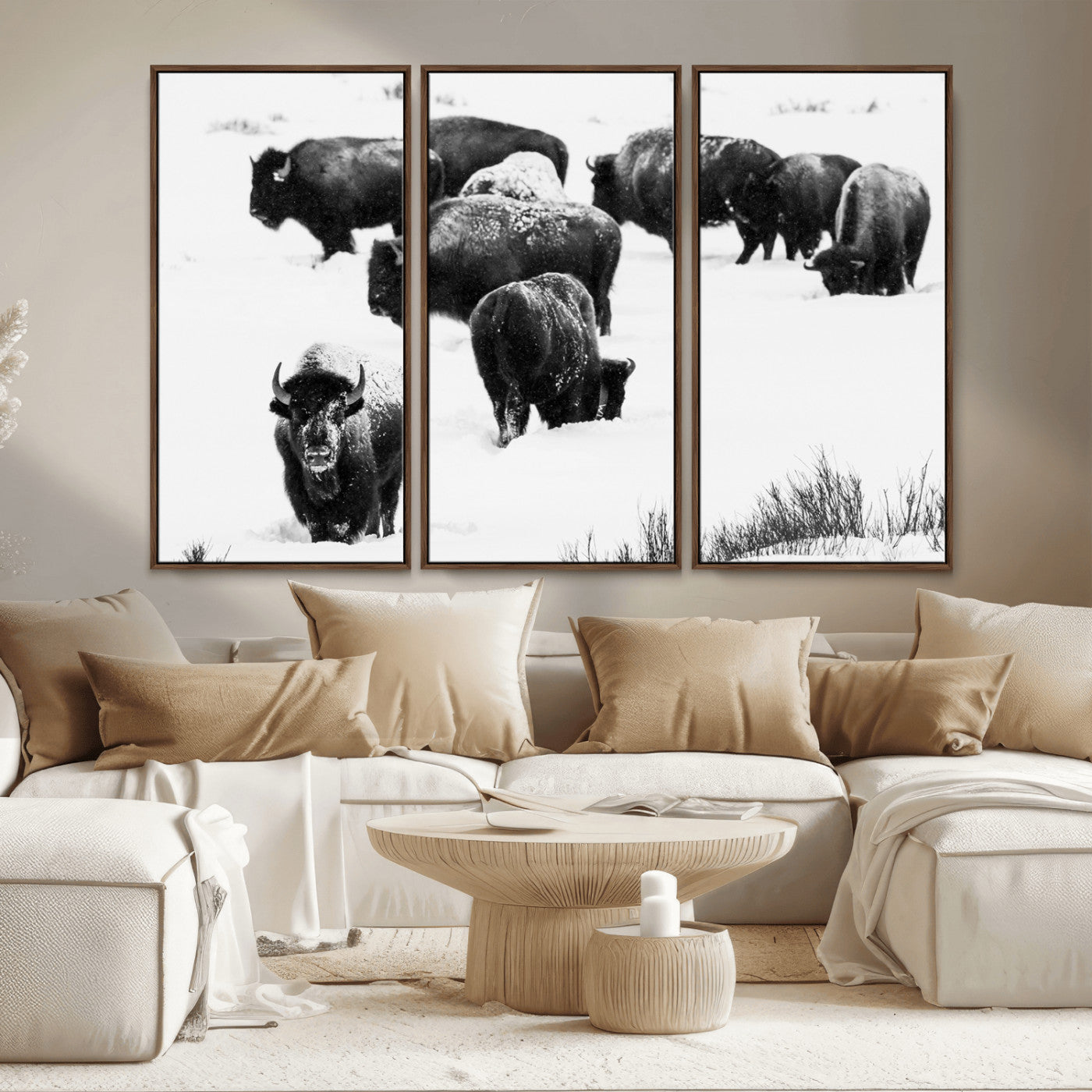 18914414-MGV-CV-36X24-Buffalo Herd Wall Art Canvas Print, Framed Black and White Art Picture Print, Snowy Landscape Perfect Rustic Lodge Decor Decor