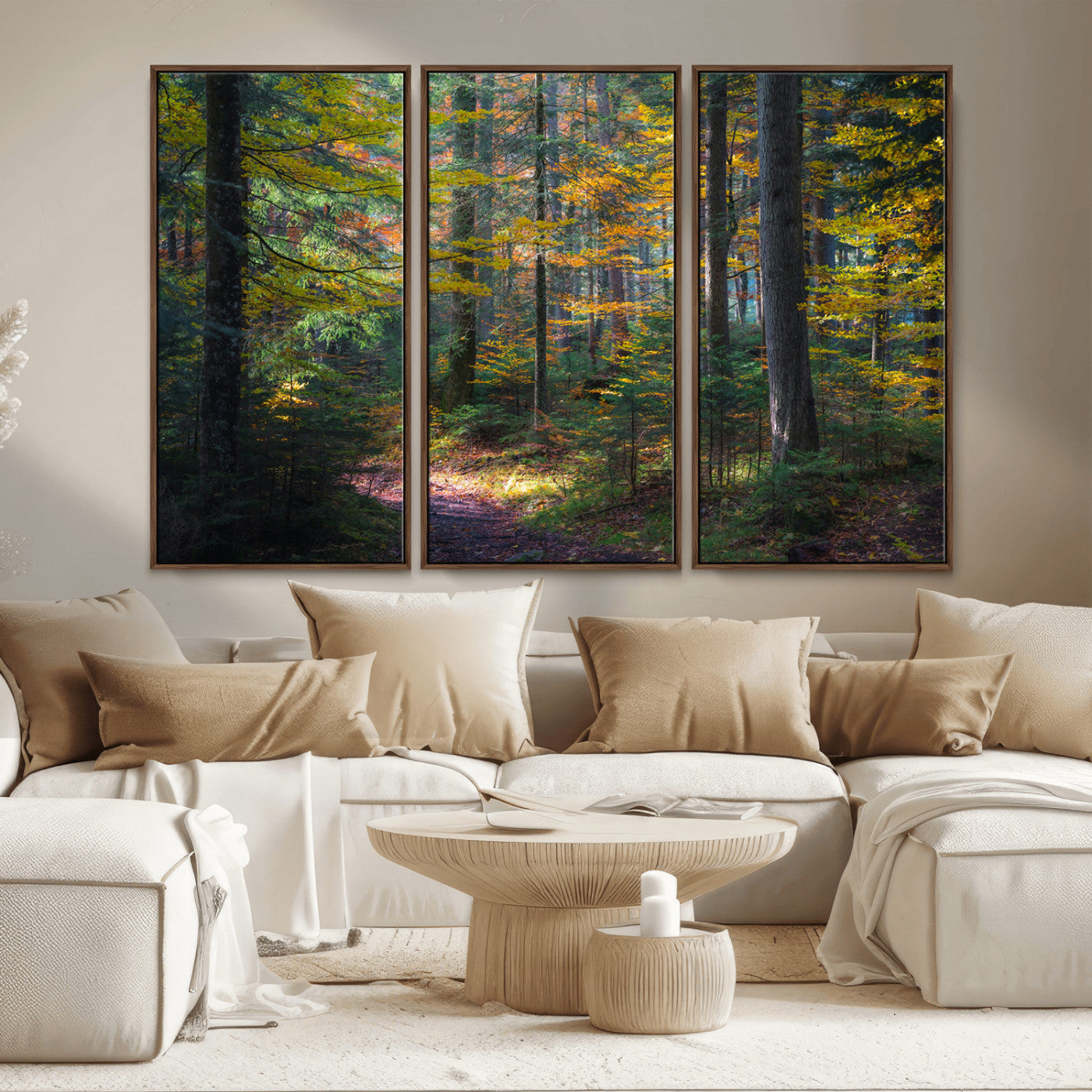 65810864-MGV-CV-36X24-Autumn Forest Wall Art Canvas Print, Framed Fall Woodland Art Picture Print, Golden Leaves Perfect Rustic Farmhouse Decor Artwork