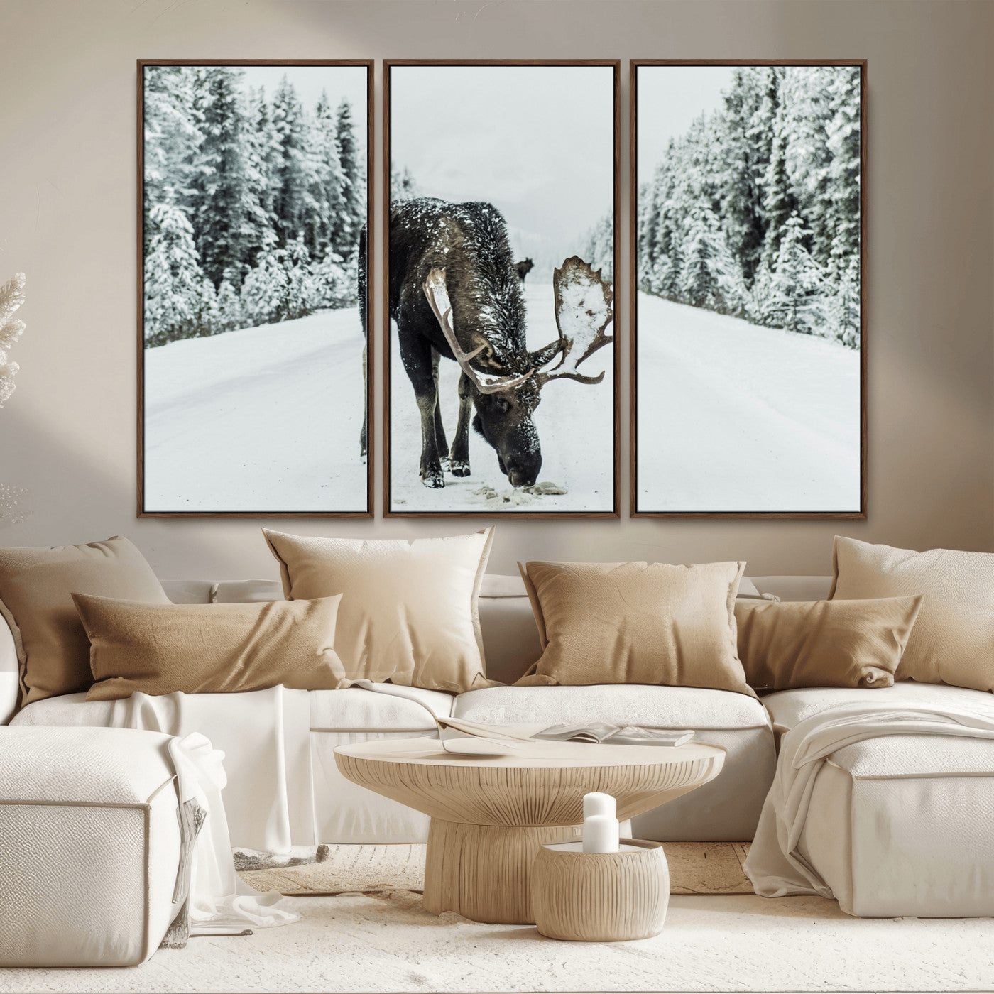 13316292-MGV-CV-36X24-Moose in Snow Wall Art Canvas Print, Framed Winter Wildlife Art Picture Print, Snowy Forest Scene Perfect Rustic Lodge Decor