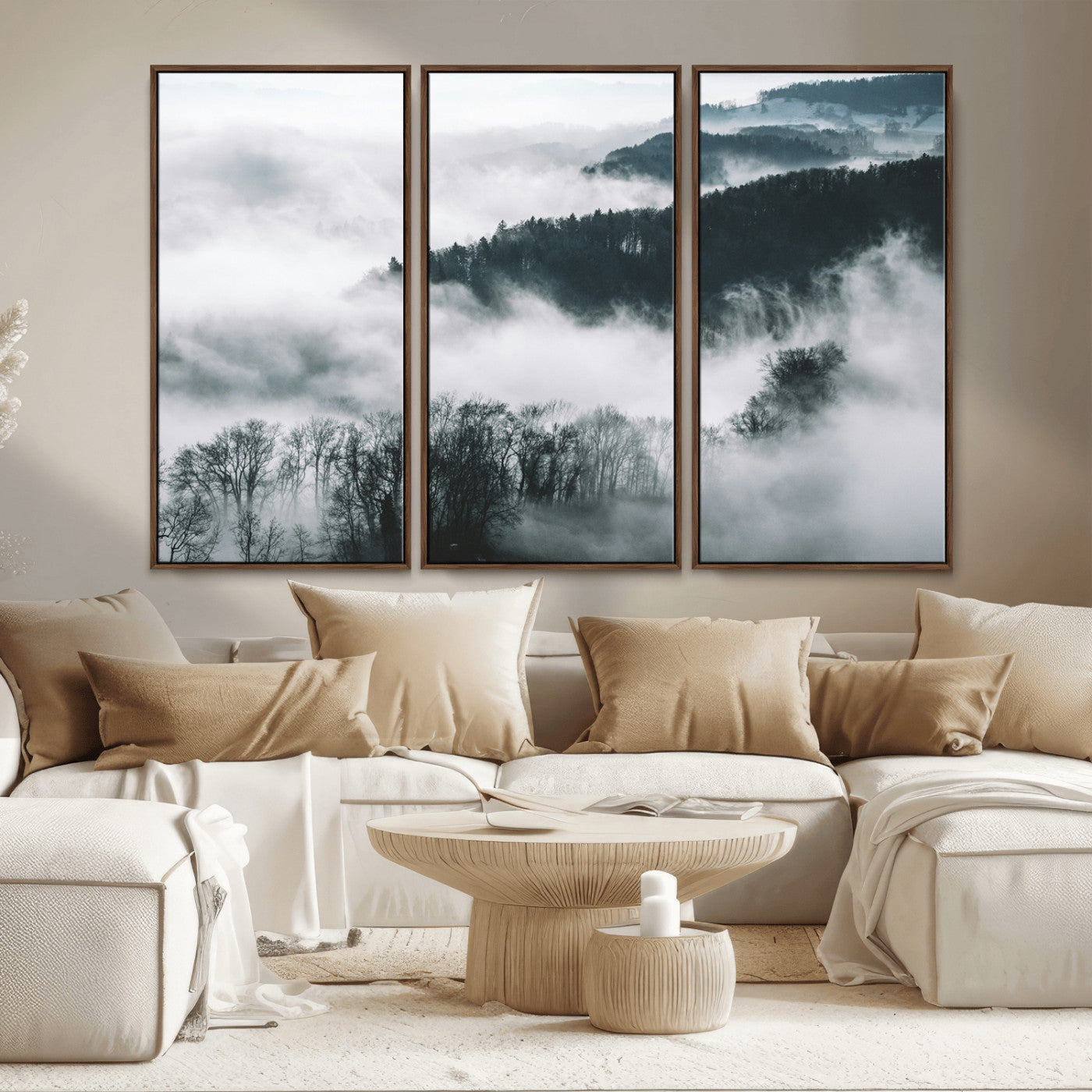 67569654-MGV-CV-36X24-Foggy Forest Wall Art – Mist Covered Hills and Trees Landscape Canvas Print, Moody Nature Photography Decor for Living Room,