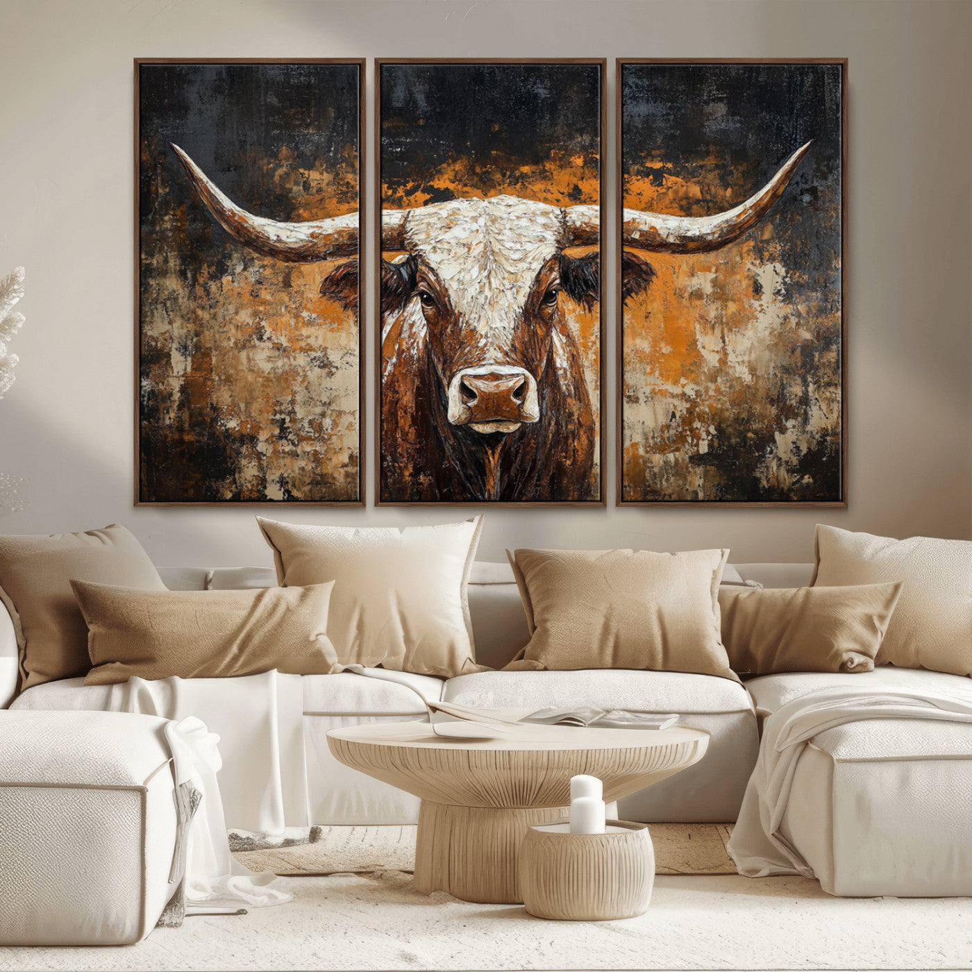 25265572-MGV-CV-36X24-Longhorn Bull Wall Art – Rustic Western Texas Steer Canvas Print, Textured Animal Painting for Home, Office, Man Cave or Farmhouse