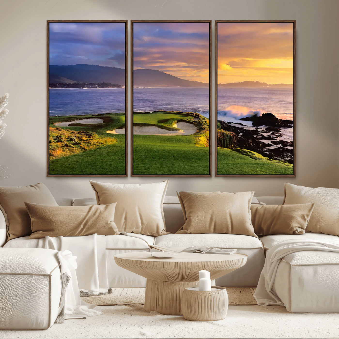 39644075-MGV-FC-48X32-3P_Walnut-Golf Course Wall Art – Coastal Sunset Canvas Print, Scenic Oceanfront Fairway Landscape Decor for Office, Man Cave, or Living Room
