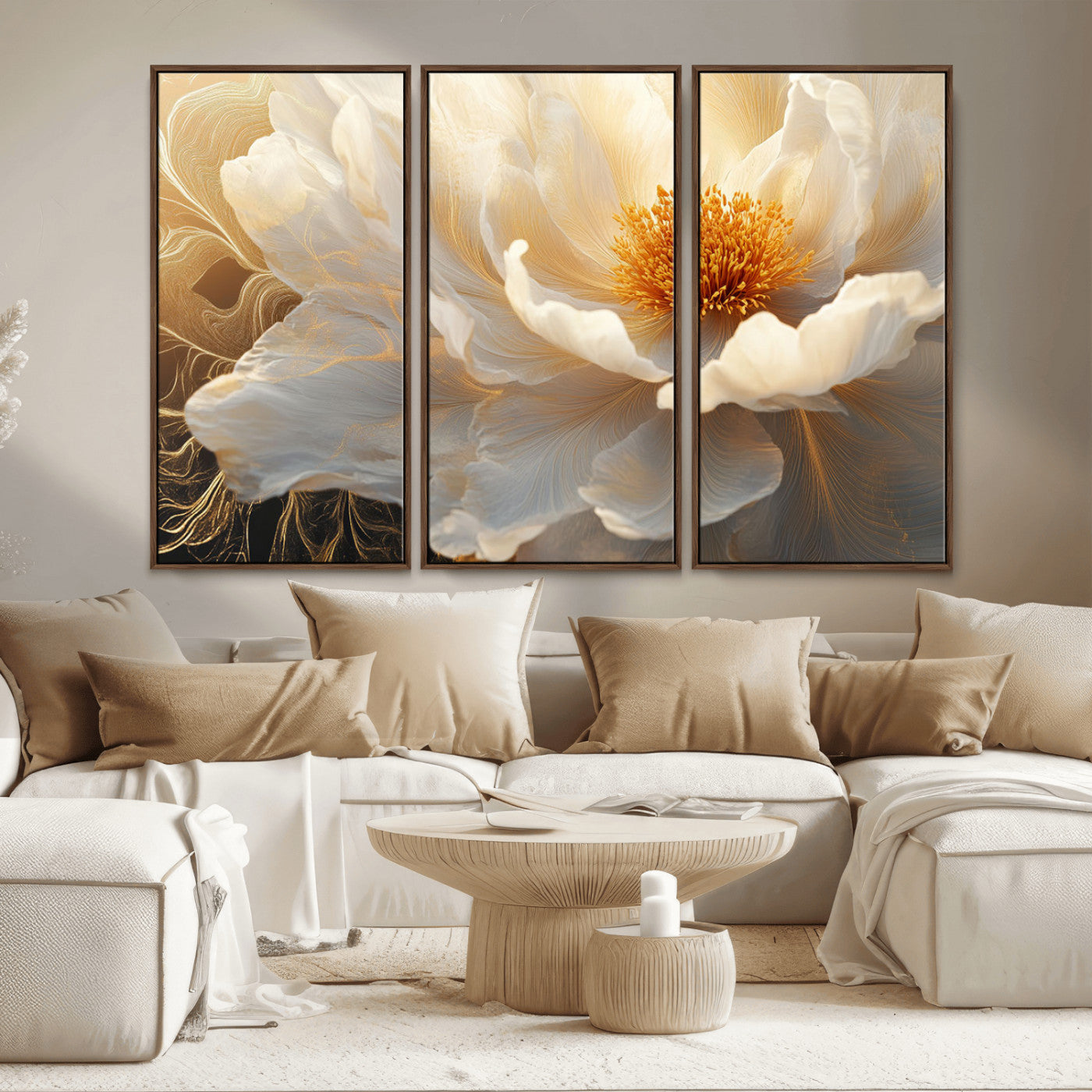 29539087-MGV-CV-36X24-Floral Wall Art – Elegant White and Gold Bloom Canvas Print, Romantic Modern Flower Artwork for Bedroom, Living Room, or Office