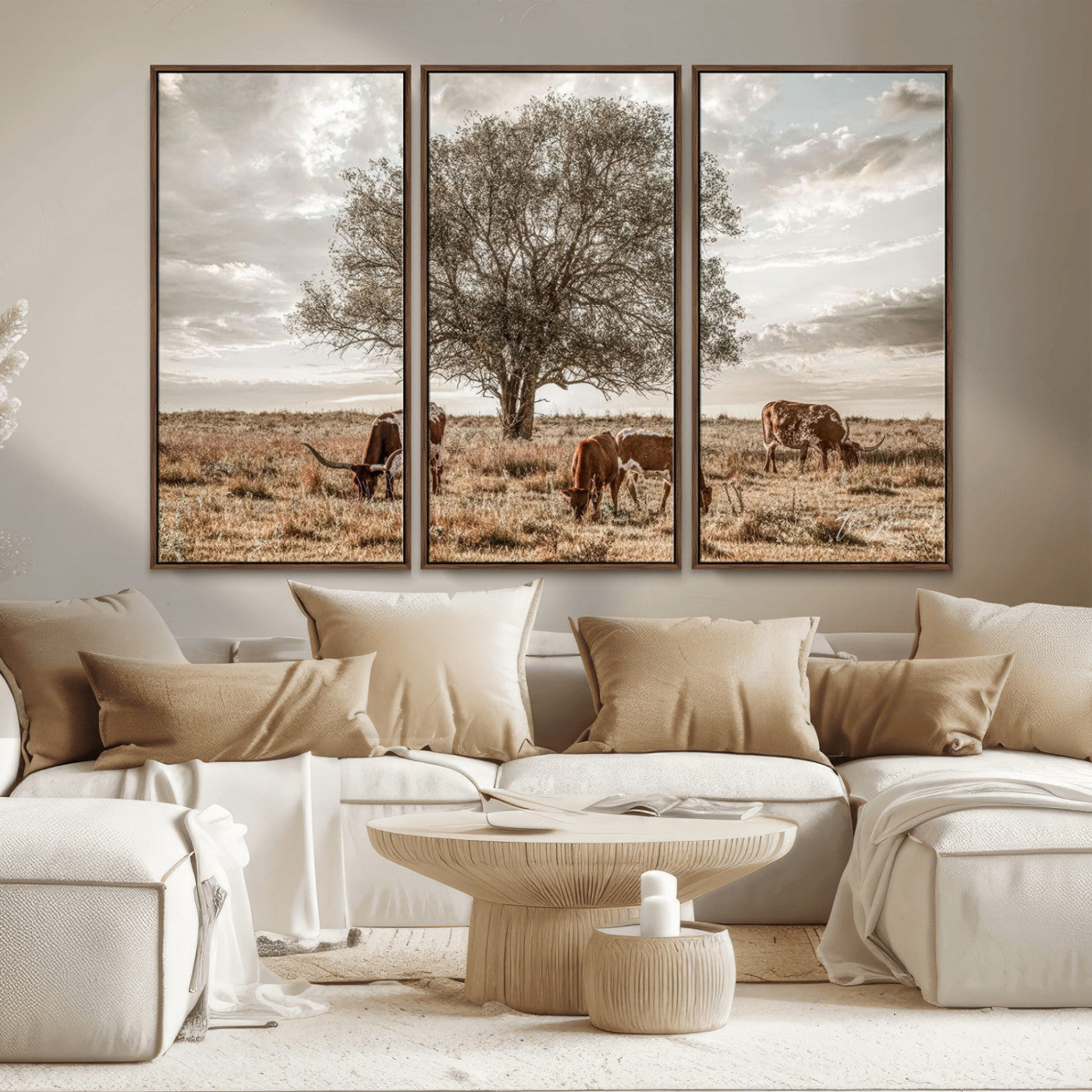 87590224-MGV-CV-36X24-Longhorn Cattle Wall Art – Rustic Western Landscape Canvas Print, Texas Farmhouse Prairie Scene for Living Room, Office, or Ranch