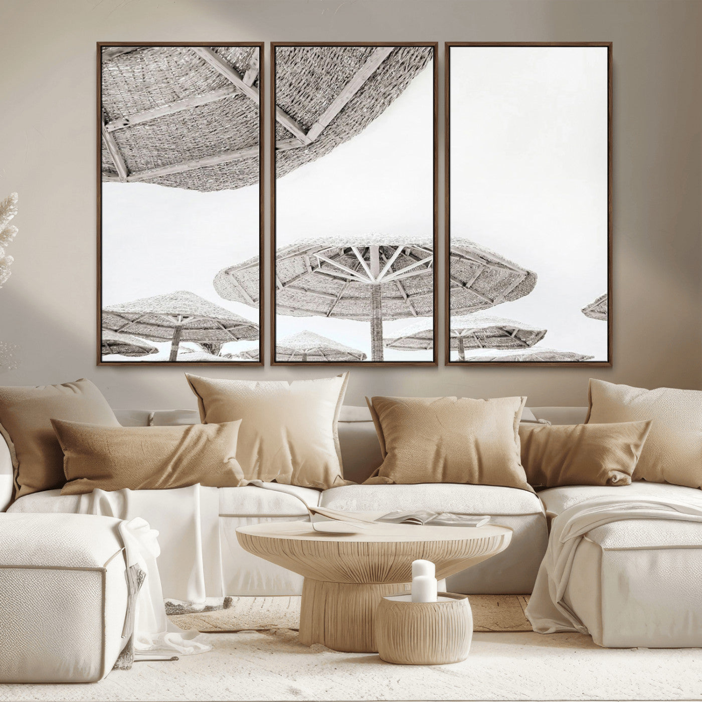 97043123-MGV-CV-36X24-Beach Umbrella Wall Art – Minimalist Coastal Canvas Print, Woven Parasol Summer Decor for Bedroom, Living Room, or Modern Beach