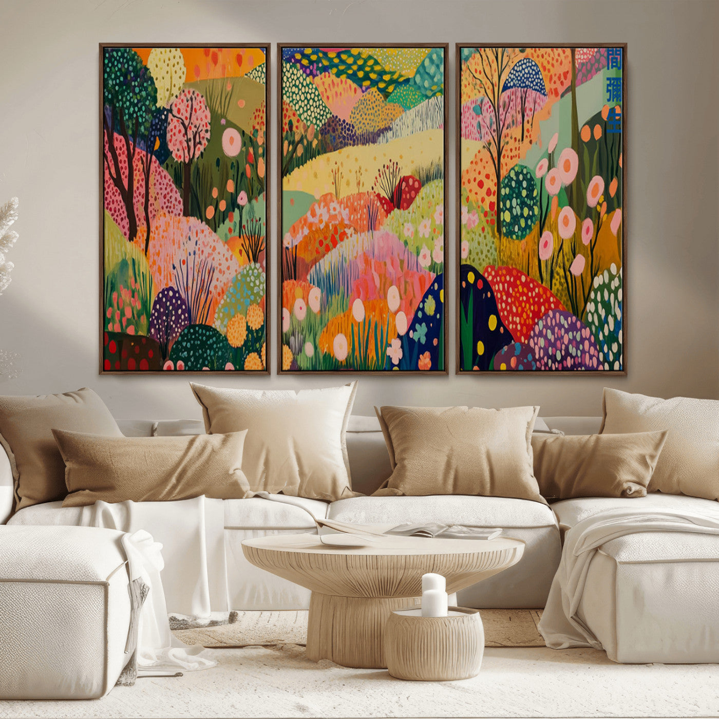 79636380-MGV-FC-48X32-3P_Walnut-Colorful Abstract Landscape Wall Art – Vibrant Hills and Flowers Canvas Print, Modern Whimsical Artwork for Living Room, Bedroom,