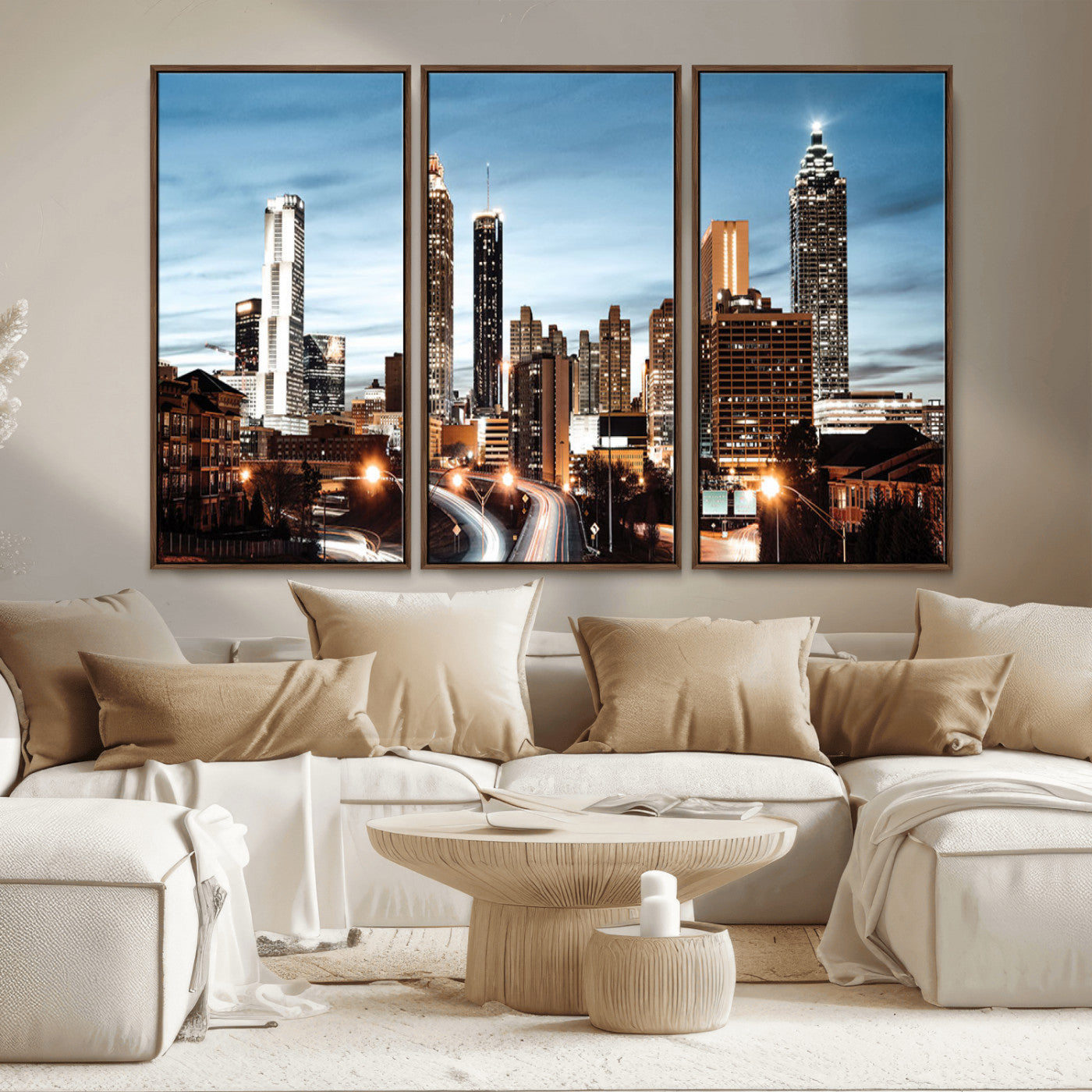 23859158-MGV-CV-36X24-Atlanta Skyline Wall Art – Modern Cityscape Canvas Print with Night Lights and Traffic Trails, Urban Decor for Office, Apartment,