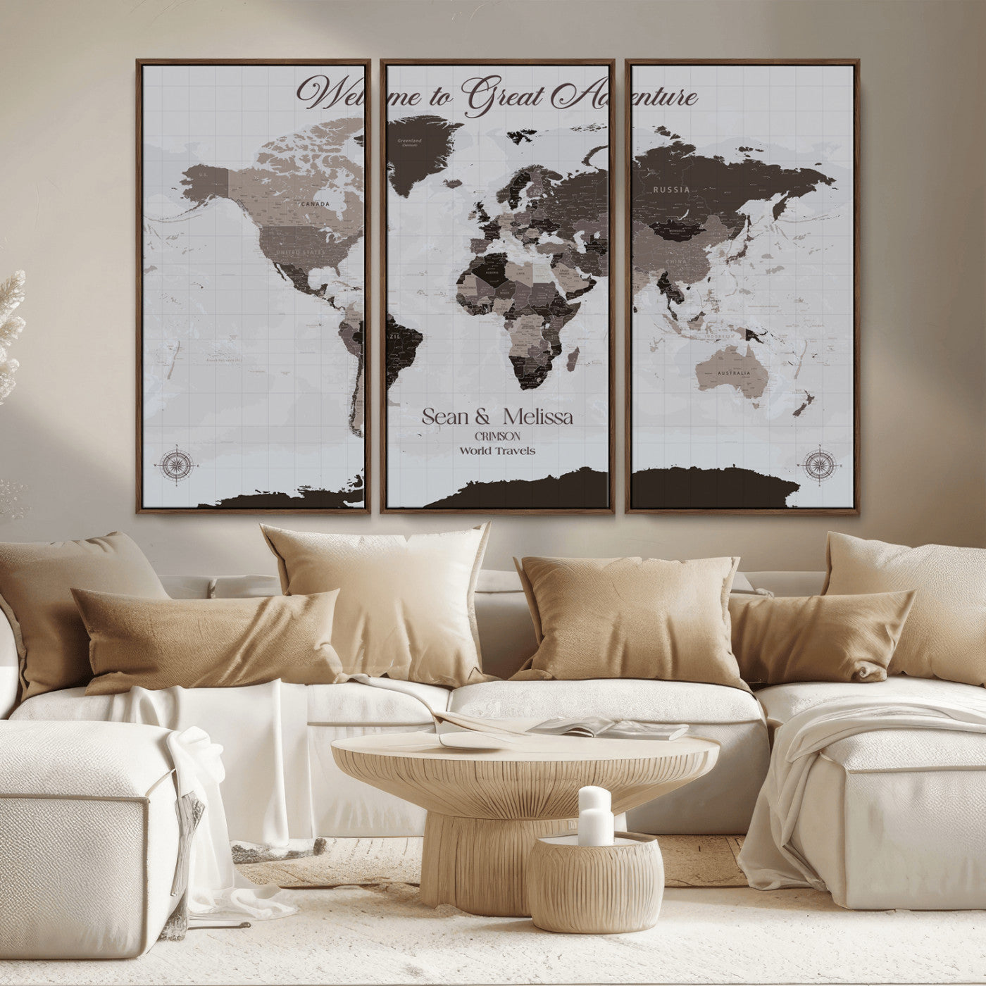 43749658-MGV-FC-48X32-3P_Walnut-Welcome to Great Adventure World Map Wall Art – Charcoal Gray Canvas Print, Rustic Travel Decor for Living Room, Study, Office or