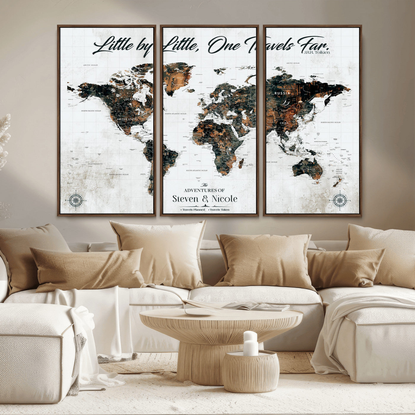 88337180-MGV-CV-36X24-Little by Little One Travels Far Tolkien Quote World Map Rustic Black Brown Adventure Wall Art Canvas Print for Home Office Living