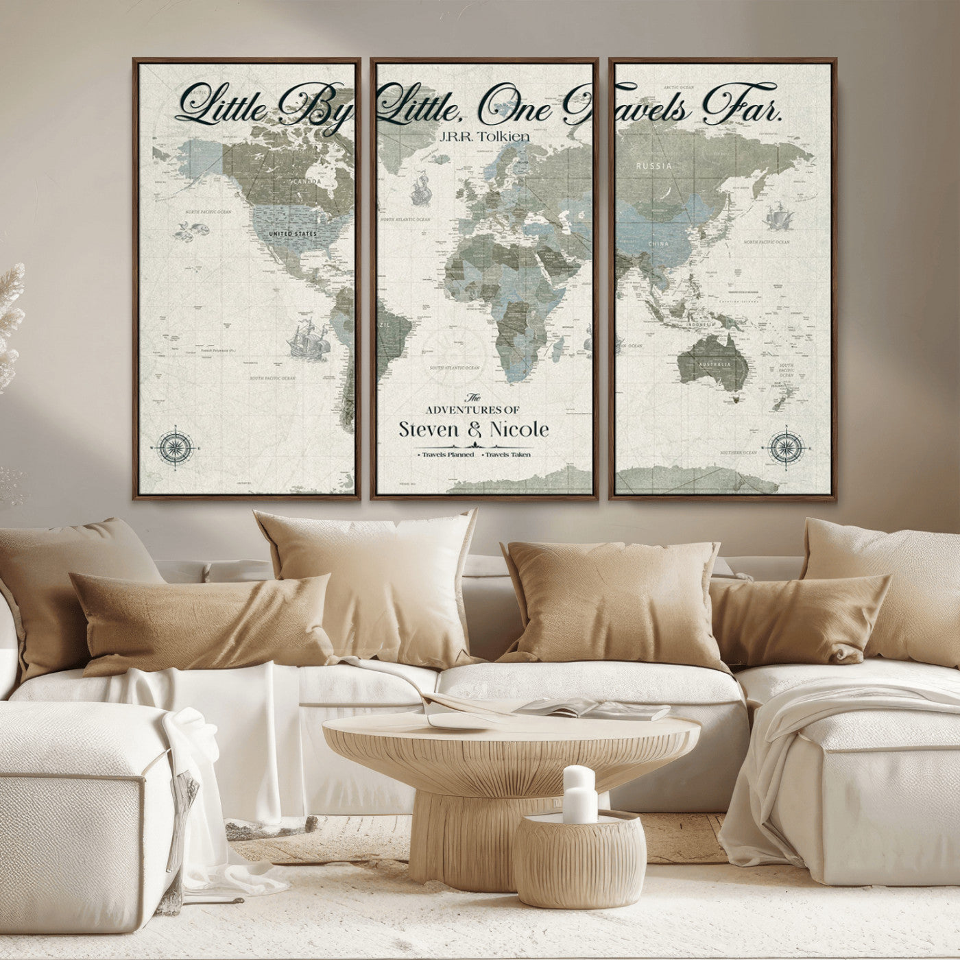 10693204-MGV-CV-36X24-Little By Little One Travels Far Tolkien Quote Blue Green World Map Adventure Wall Art Canvas Print Rustic Wanderlust Travel Decor