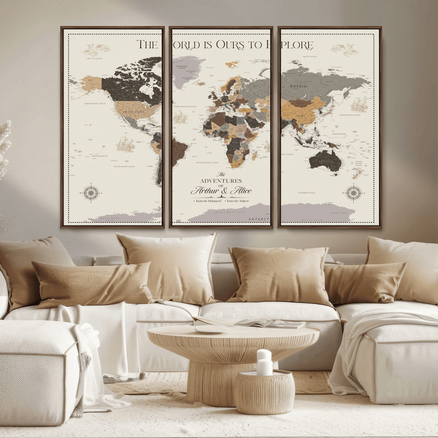 90024882-MGV-CV-36X24-The World is Ours to Explore Wall Art – Earth Tone World Map Canvas Print, Adventure Travel Decor for Living Room, Office or