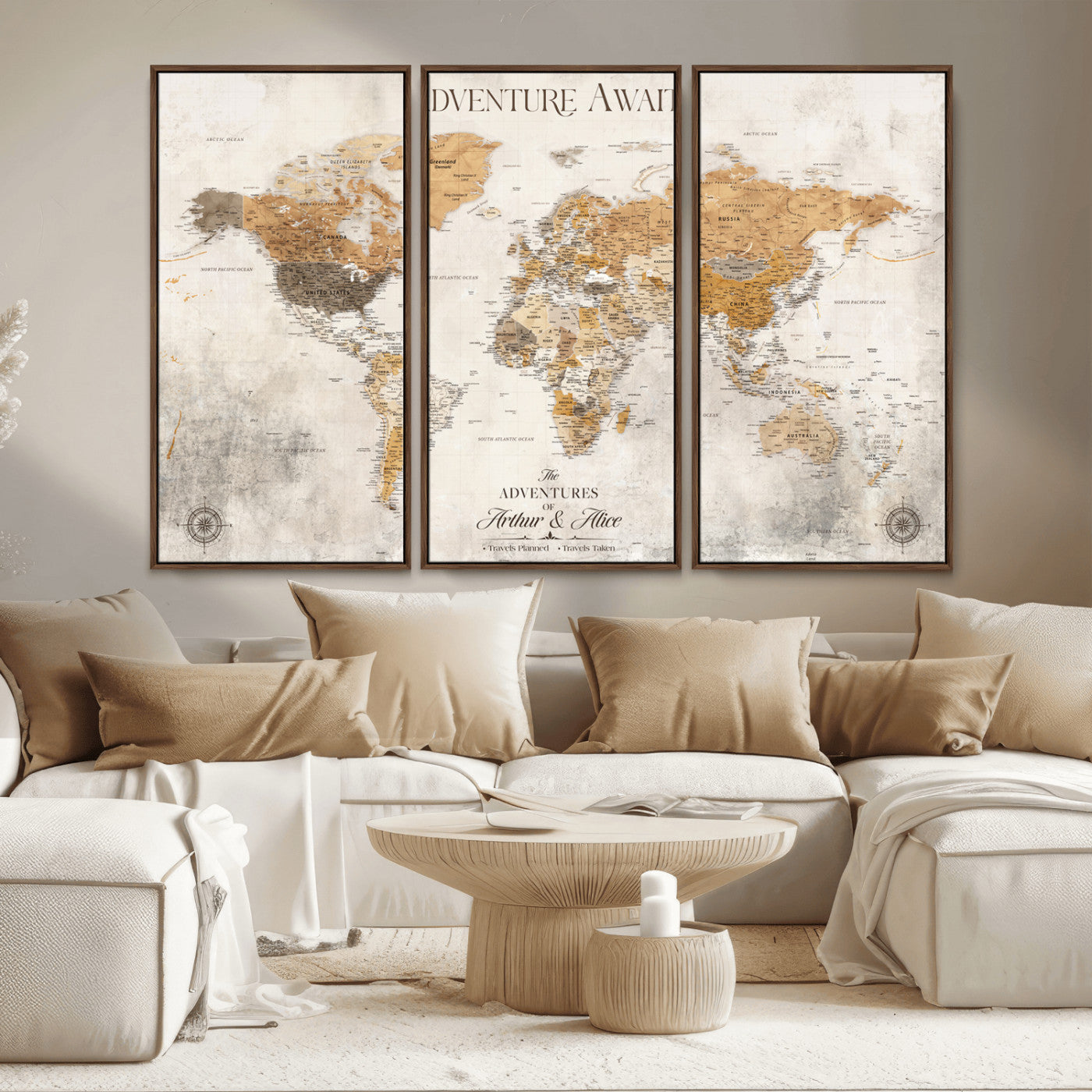 99422096-MGV-CV-36X24-Adventure Awaits World Map Wall Art – Neutral Beige Canvas Print, Modern Travel Inspired Wall Decor for Living Room, Bedroom or