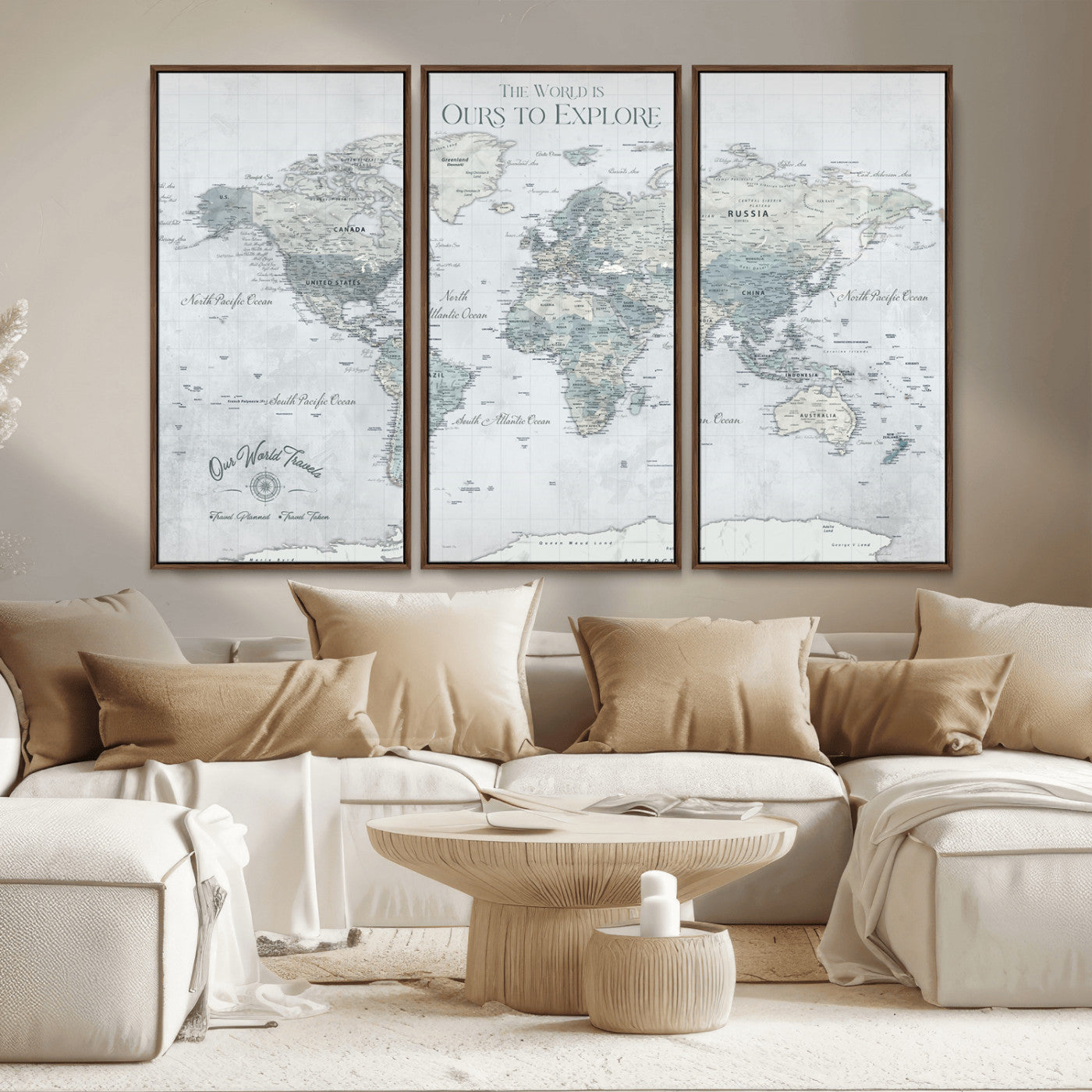 94249974-MGV-FC-48X32-3P_Walnut-Ours Explore World Map Wall Art – Modern Travel Canvas Print, Neutral Adventure Decor for Living Room, Office, Study, Bedroom,