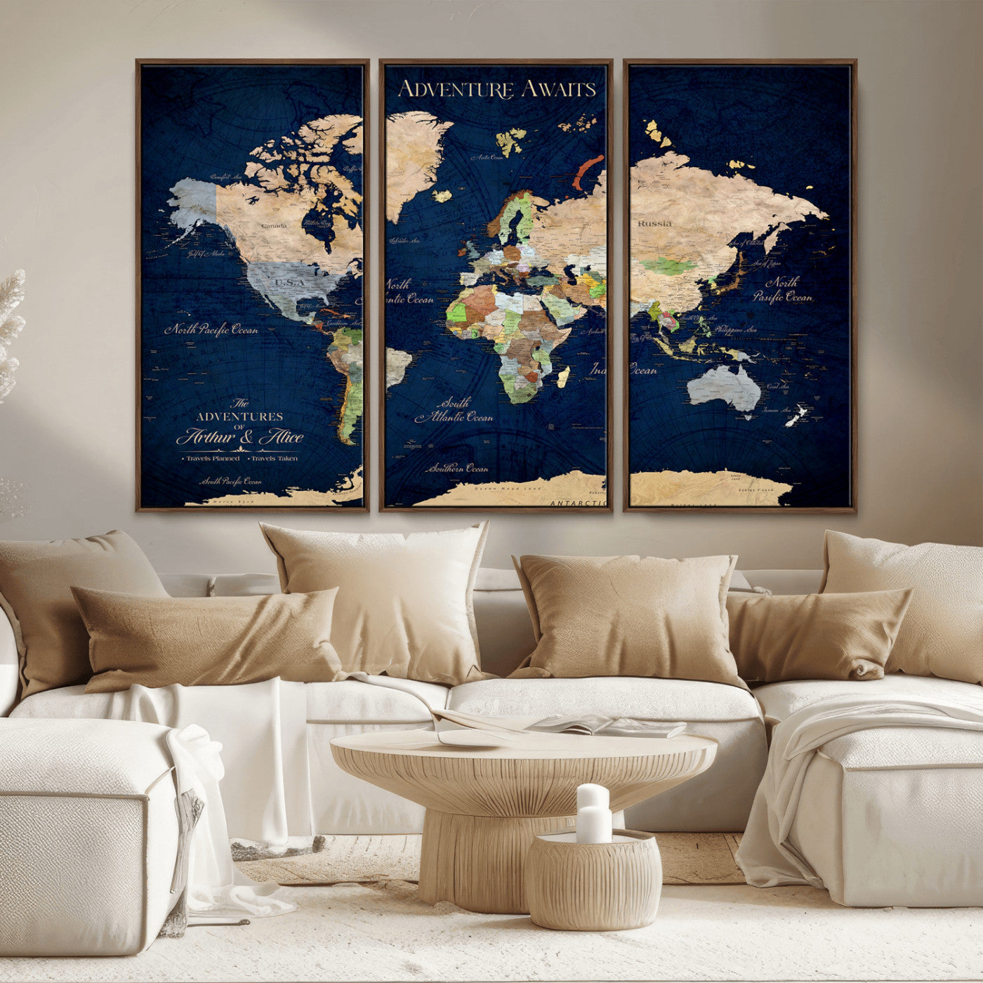 43160428-MGV-CV-36X24-Adventure Awaits Navy Blue World Map – Vibrant Travel Canvas Wall Art, Antique Atlas Print, Wanderlust Decor for Home Office